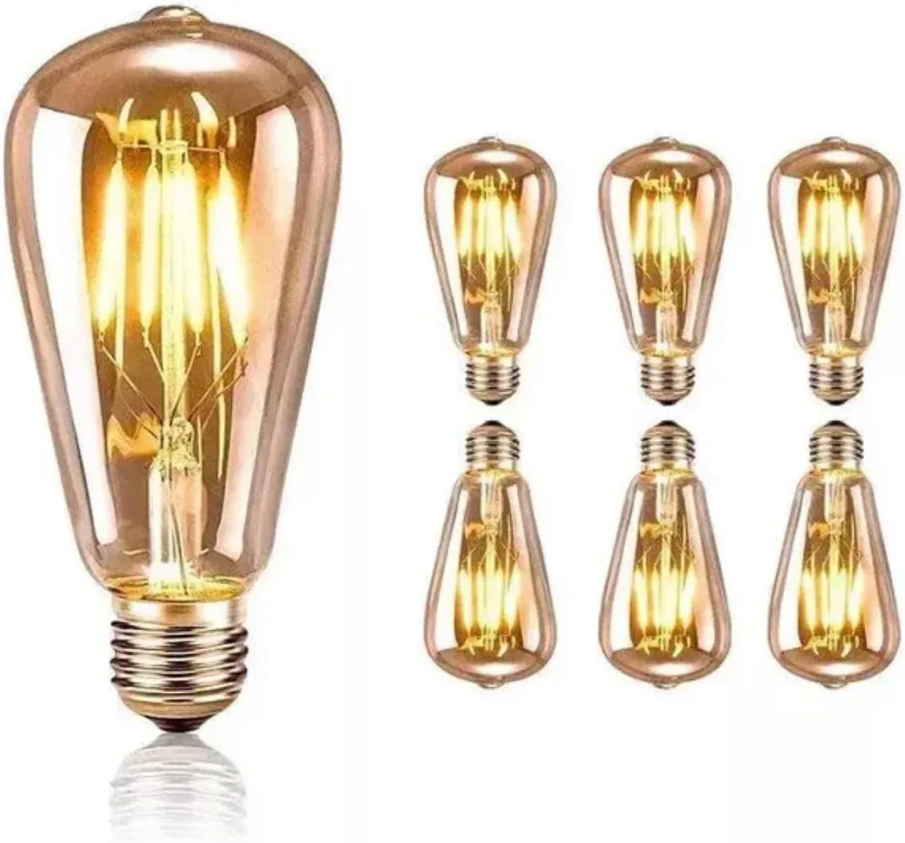 بسته 6 عددی لامپ ادیسونی LED مدل ST64 (رنگ کهربایی)، 2700K سفید گرم، پایه E27 4W، دکوراسیون سبک شیشه ای آنتیک برای خانه، دفتر، کافه ها، رستوران ها، هتل ها، عروسی و غیره.