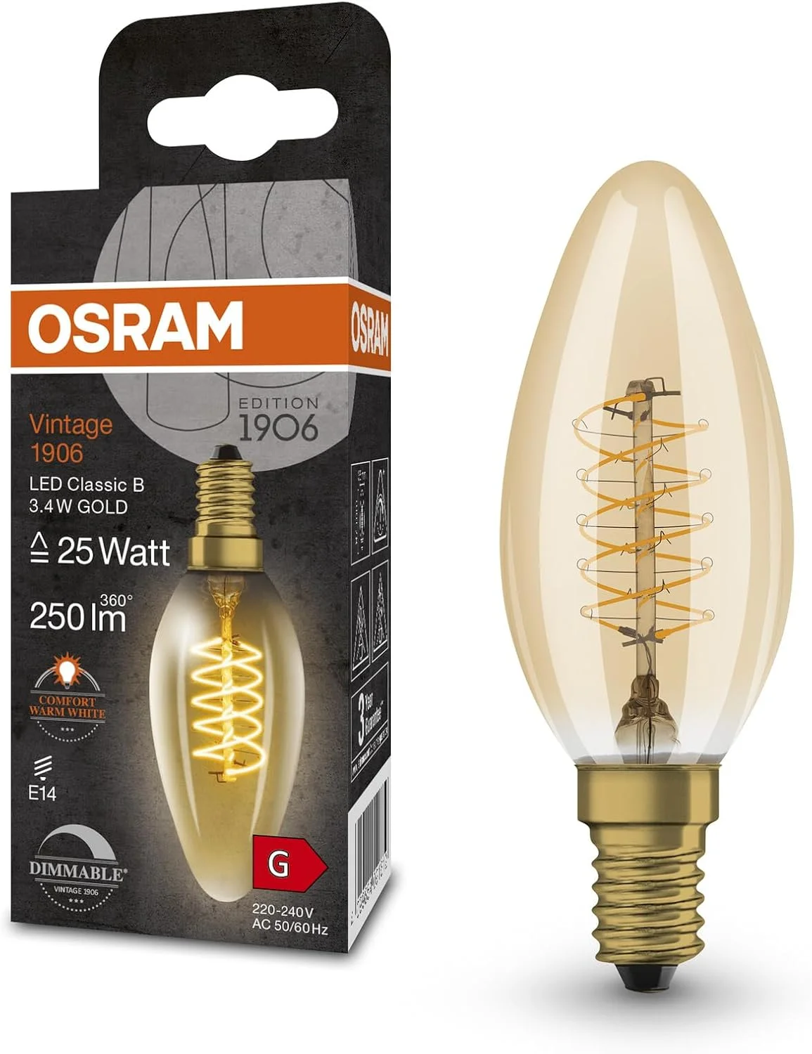 لامپ ال ای دی طلایی رنگی OSRAM Vintage 1906، توان 3.4 وات، 250 لومن، مدل Classic B Candle با پایه E14، نور سفید گرم، فیلامنت مارپیچ، قابلیت تنظیم نور، طول عمر تا 15000 ساعت