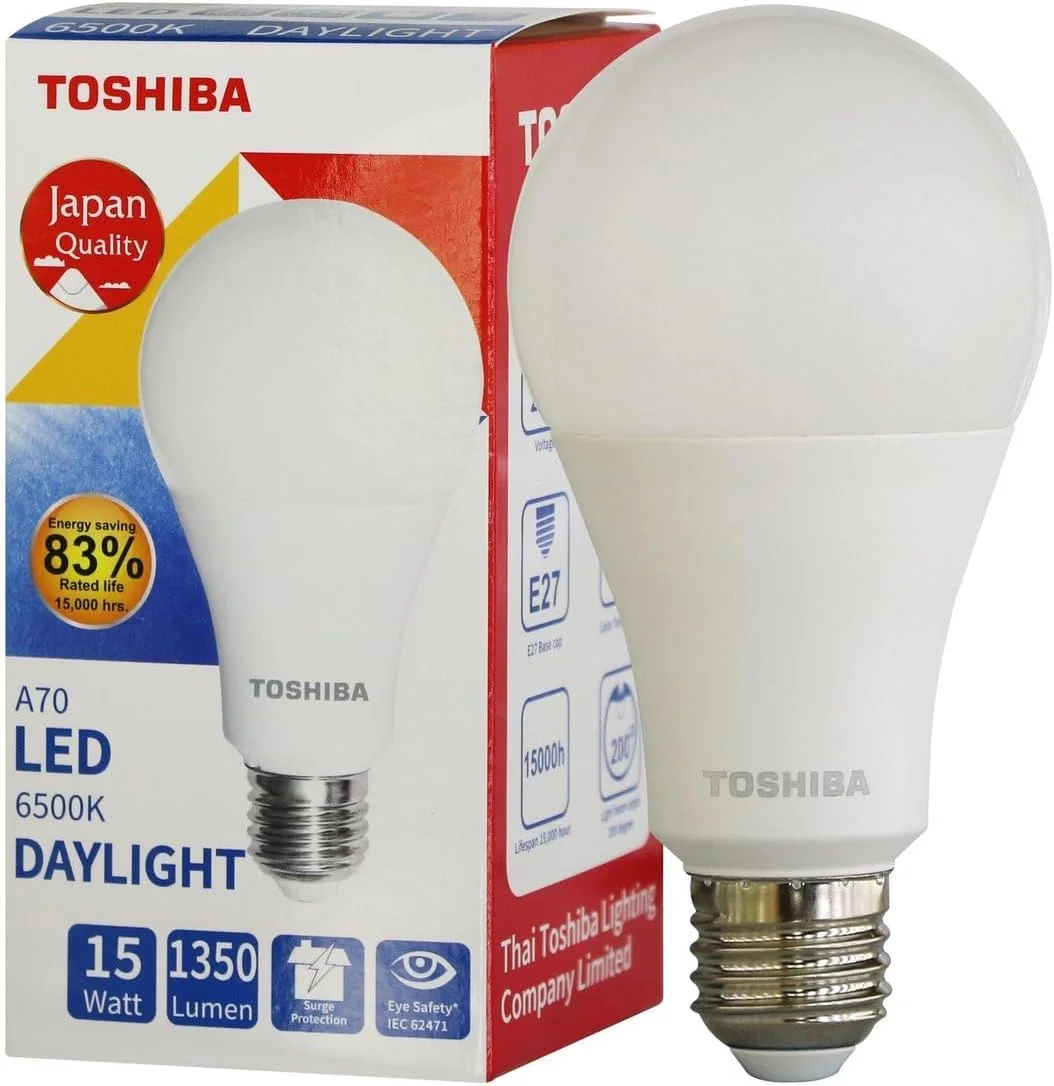 لامپ LED توشیبا A70، 15 وات، نور روز 6500K، 1350 لومن، صرفه جویی در انرژی 83٪، پایه E27، دارای گواهی ایمنی چشم، بسته 2 عددی