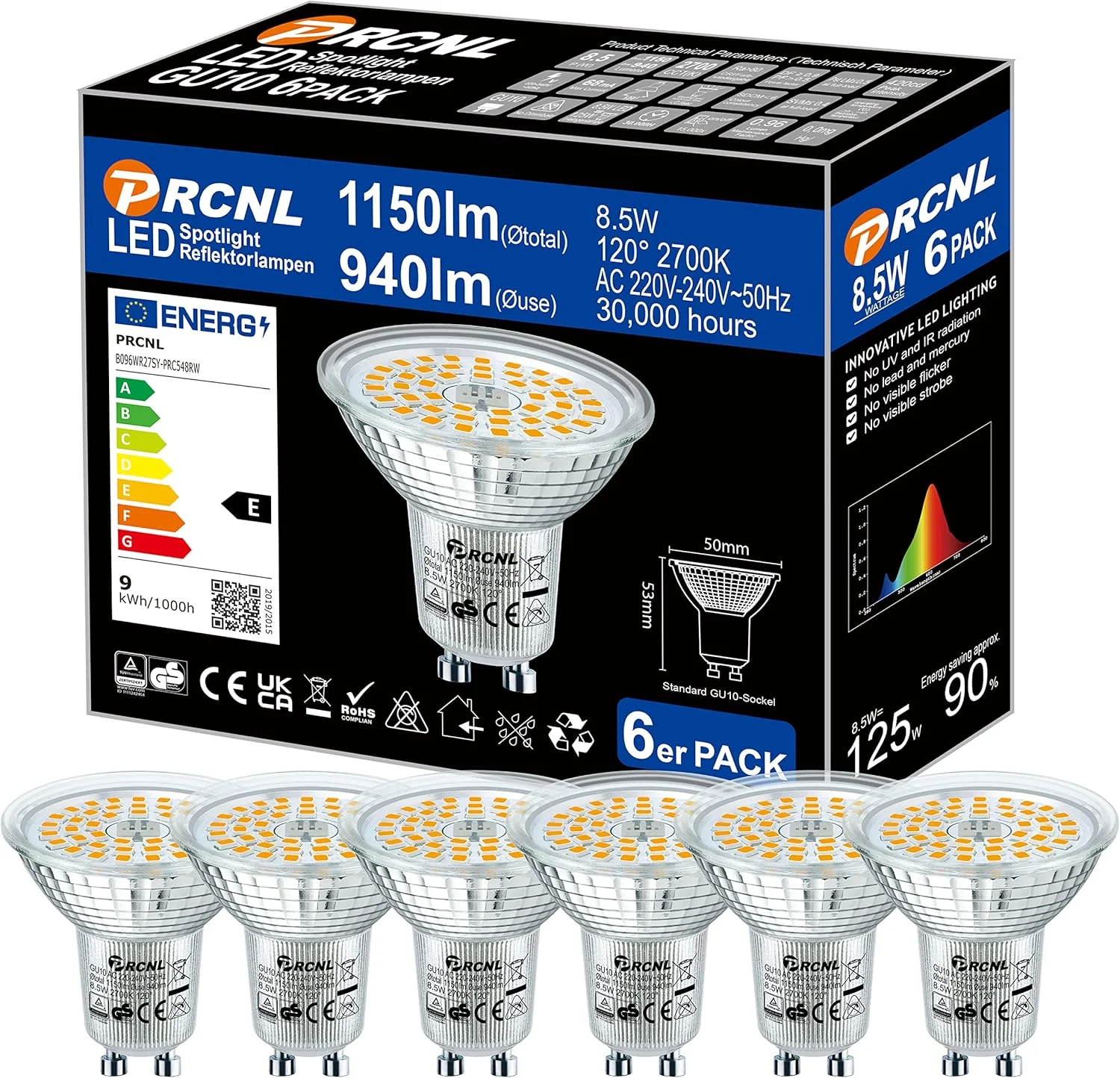 لامپ ال ای دی GU10 نور سفید گرم PRCNL، منبع نور 8.5 وات، 940 لومن، 2700 کلوین، AC220-240V، جایگزین لامپ هالوژن 125 وات، زاویه تابش 120 درجه، غیر قابل تنظیم نور، مجموعه 6 عددی