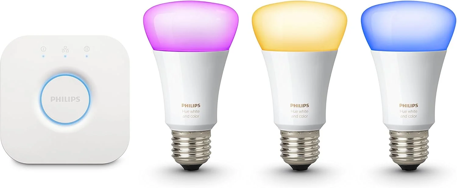 کیت استارتر Philips Hue White and Colour Ambiance: بسته 3 عددی لامپ هوشمند LED [E27 Edison Screw] شامل Hue Bridge، سازگار با Alexa، Google Assistant و Apple HomeKit