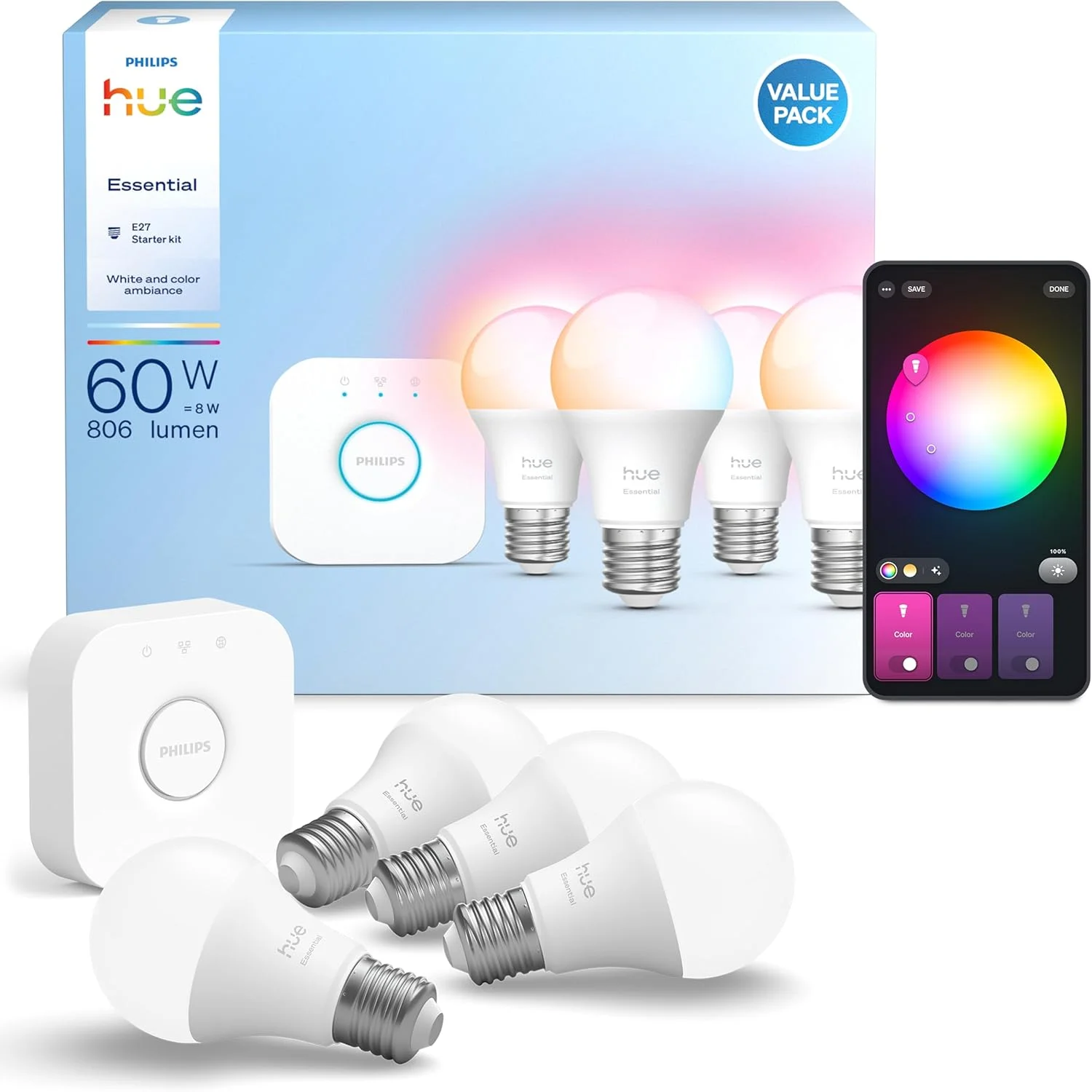 کیت آغازگر Philips Hue Essential: بریج + 4 لامپ هوشمند E27 Essential، سفید و رنگی، 2200K-6500K، کم نور شونده، کار با Alexa، Google Assistant، Samsung SmartThings، Apple Home