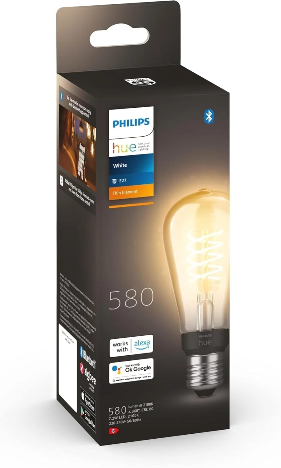 لامپ هوشمند فیلامنتی سفید Philips Hue مدل ST64 [پیچ ادیسونی E27] با بلوتوث، برای نورپردازی تزئینی داخلی منزل، طرح قدیمی.