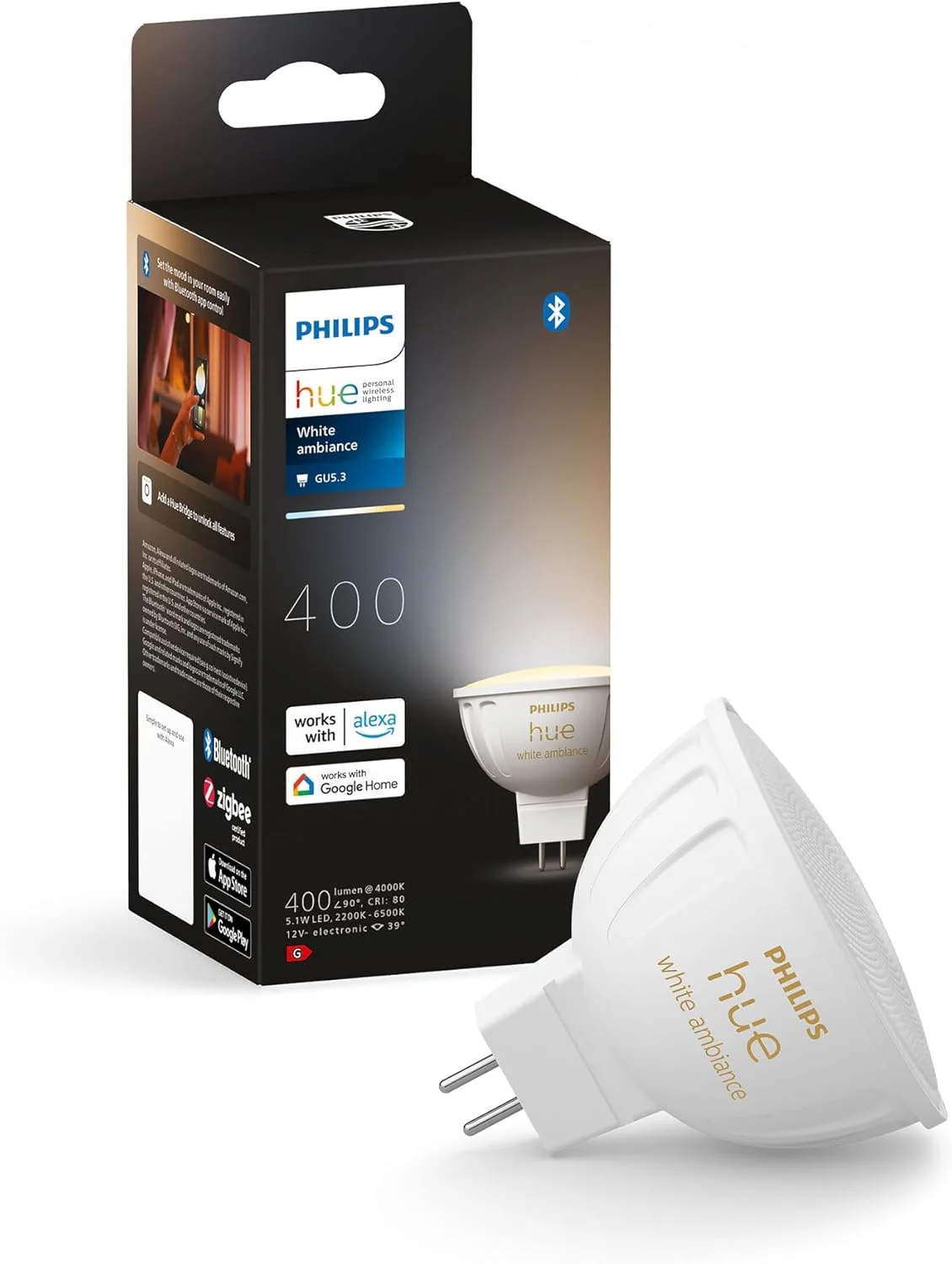 لامپ ال ای دی فیلیپس Hue White Ambiance MR16، لامپ های ال ای دی دیمر پذیر برای سیستم روشنایی Hue با تمام رنگ های سفید، کنترل هوشمند نور از طریق صدا و برنامه