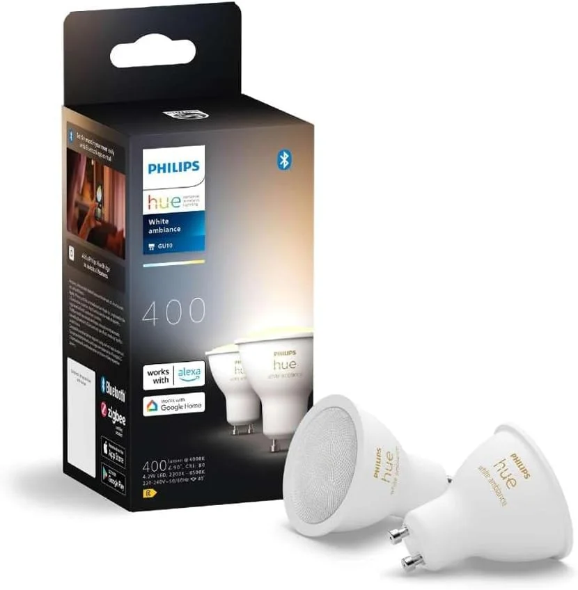 لامپ هوشمند فیلیپس Hue GU10، نور سفید قابل تنظیم از گرم به سرد، بسته 2 عددی، سازگار با بلوتوث، کنترل صوتی با الکسا، اپل هوم و گوگل اسیستنت