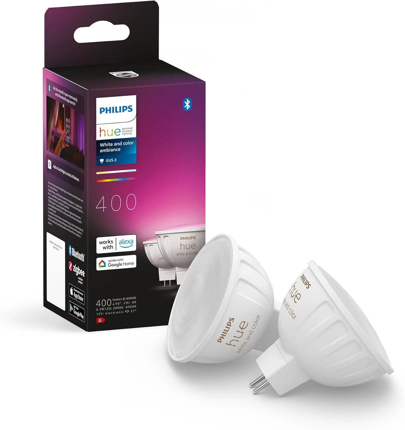 لامپ ال ای دی فیلیپس Hue White Ambiance & Color MR16، قابل تنظیم نور، 16 میلیون رنگ، قابل کنترل از طریق اپلیکیشن، سازگار با آمازون الکسا (Echo, Echo Dot)، بسته دوتایی