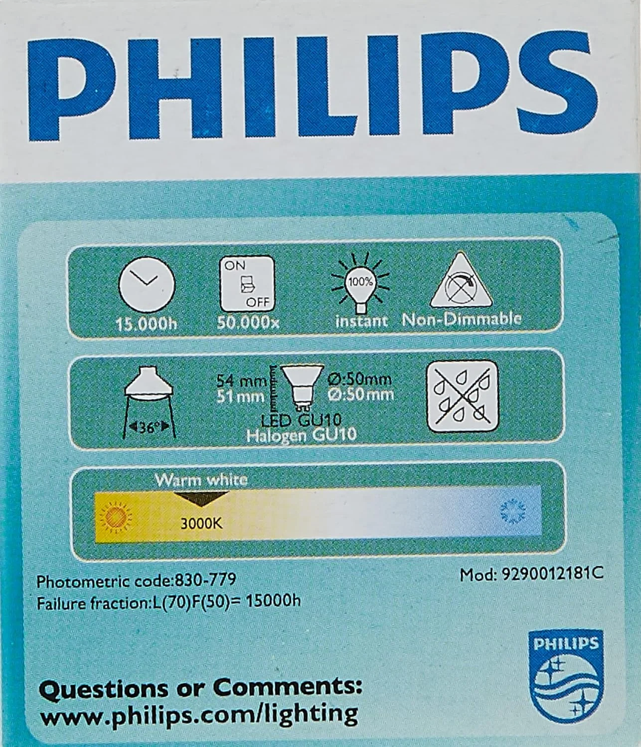 لامپ ال ای دی اساسی فیلیپس 4.6-50 وات GU10 830 36D، 929001218108، سفید