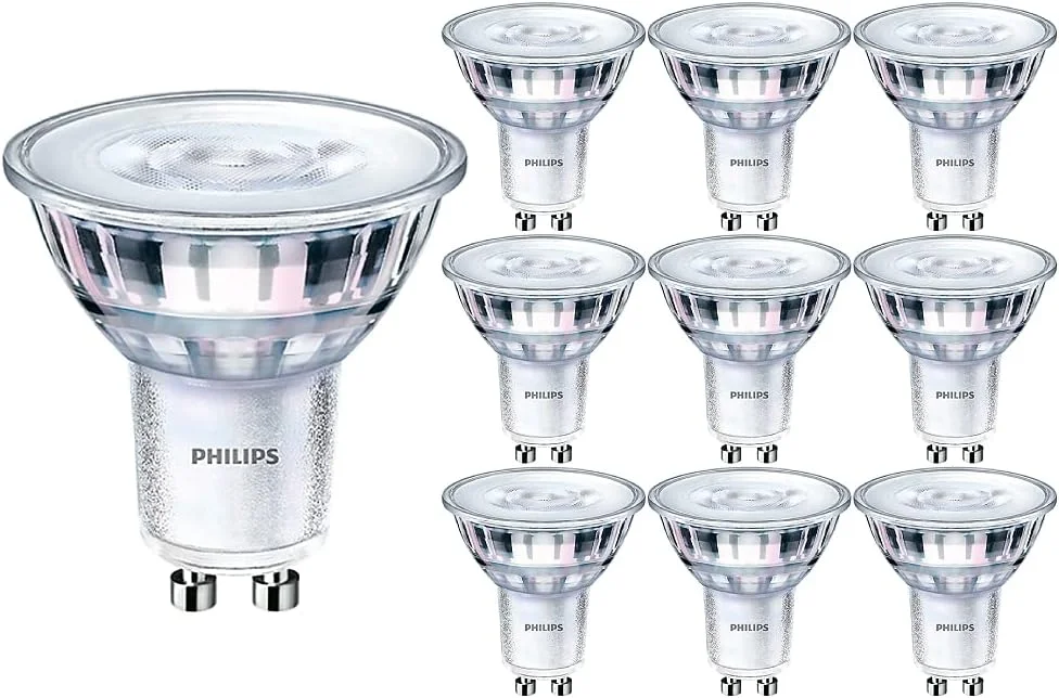 فیلیپس بسته 10 عددی لامپ ال ای دی 4 وات (50 وات) GU10، نور سفید گرم 3000 کلوین، زاویه 36 درجه، دیم‌پذیر، نسخه انگلستان