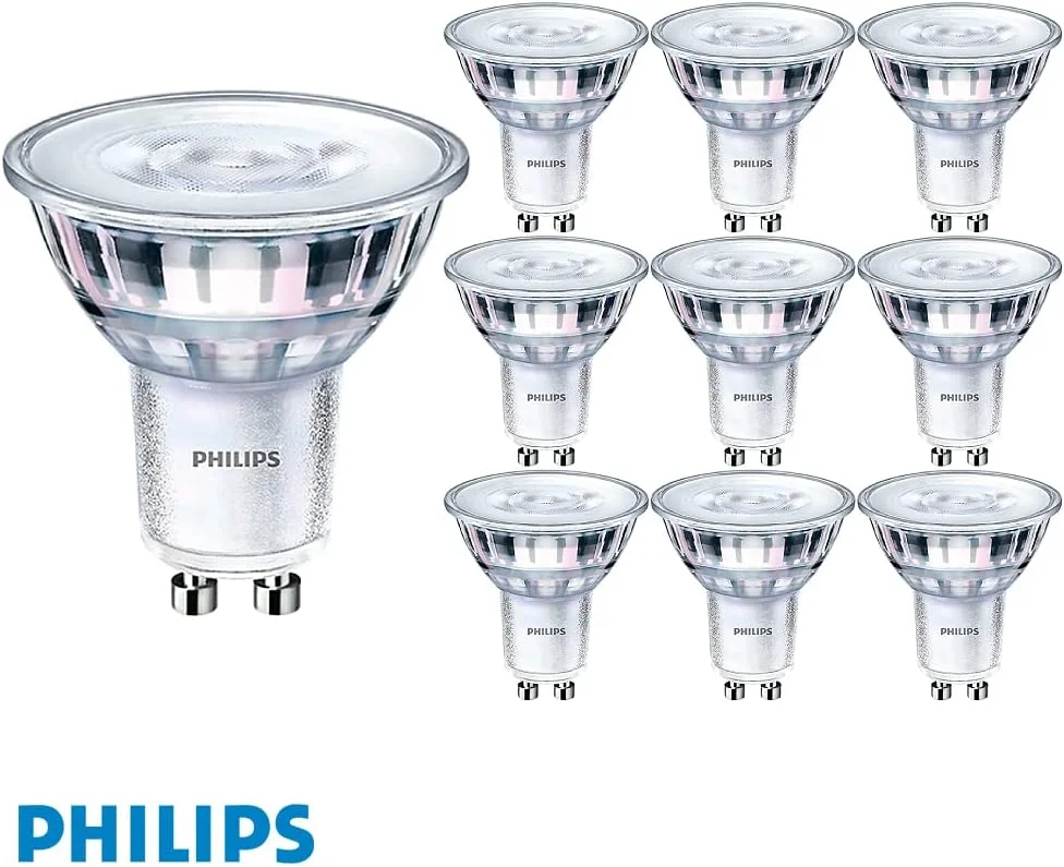 فیلیپس بسته 10 عددی لامپ ال ای دی 4 وات (50 وات) GU10، نور سفید گرم 3000 کلوین، زاویه 36 درجه، دیم‌پذیر، نسخه انگلستان