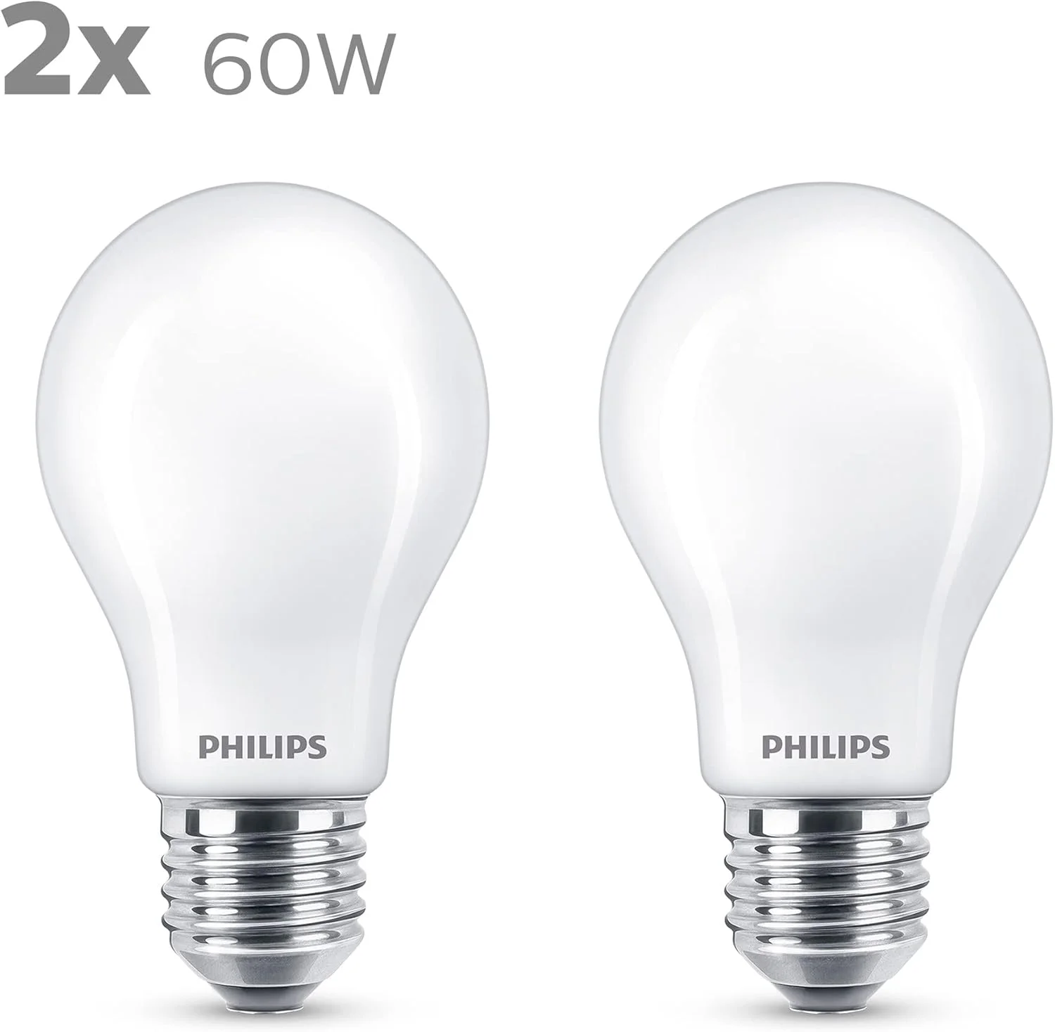 لامپ ال ای دی کلاسیک فیلیپس مدل A60 مات بسته 2 عددی [پیچ ادیسونی E27] 7 وات - معادل 60 وات، سفید گرم 2700 کلوین، غیر قابل تنظیم نور