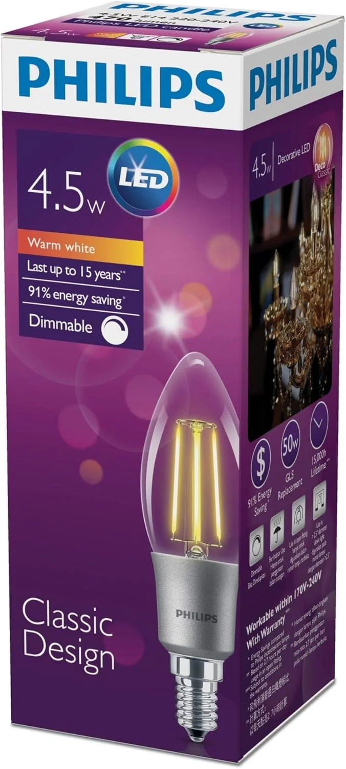 لامپ ال ای دی فیلامنتی شمعی فیلیپس مدل B35 E14 Ww Cl Dimmable، 4.5-50 وات لامپ ال ای دی فیلامنتی شمعی فیلیپس مدل B35 E14 Ww Cl Dimmable، 4.5-50 وات