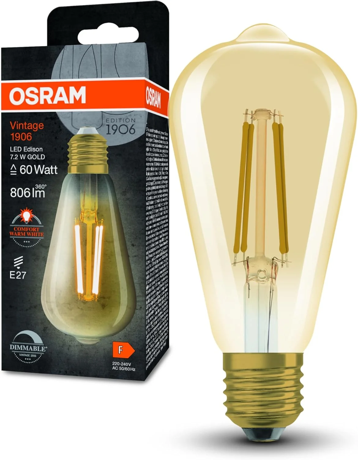 لامپ ال ای دی Osram Vintage 1906® Classic Edison Wire 60، پایه E27، دیمر پذیر، شکل ادیسونی، طلایی، 7.2 وات، 806 لومن، 2400 کلوین، نور سفید گرم کاهش یافته، مصرف کم، عمر طولانی