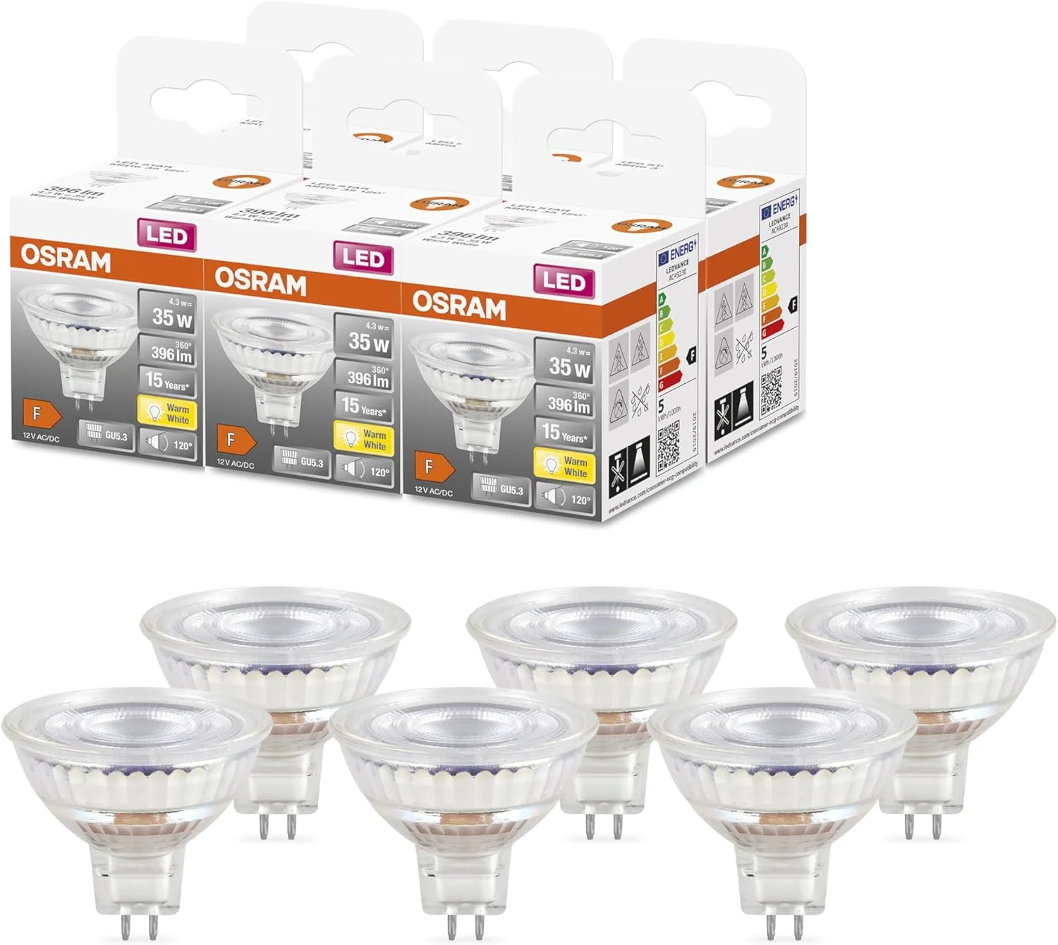 لامپ های ال ای دی بازتابنده ولتاژ پایین Osram MR16 با سوکت پلاگین یکپارچه، جایگزین 35 وات، GU5.3، 2700 کلوین، شیشه ای، بسته 6 عددی، خاکستری تیره