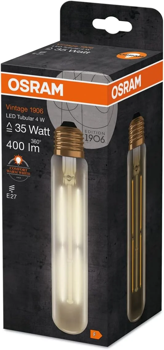لامپ ادیسونی ال ای دی Osram Vintage Edition 1906، مدل لوله ای با پایه E27، غیر قابل تنظیم نور، 5 وات معادل 35 وات، شفاف، سفید گرم - 2000 کلوین، بسته 1 عددی [کلاس انرژی A+]