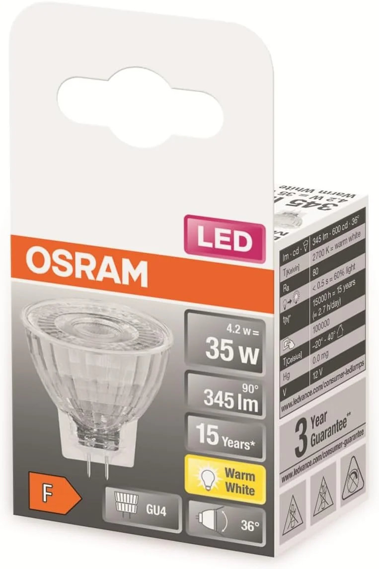 لامپ ال ای دی رفلکتور MR11 اوسرام با پایه GU4، نور سفید گرم (2700 کلوین)، نورافکن شیشه ای، 4.20 وات، جایگزین لامپ رفلکتور 35 وات، LED Star MR11 12 ولت [کلاس انرژی F]