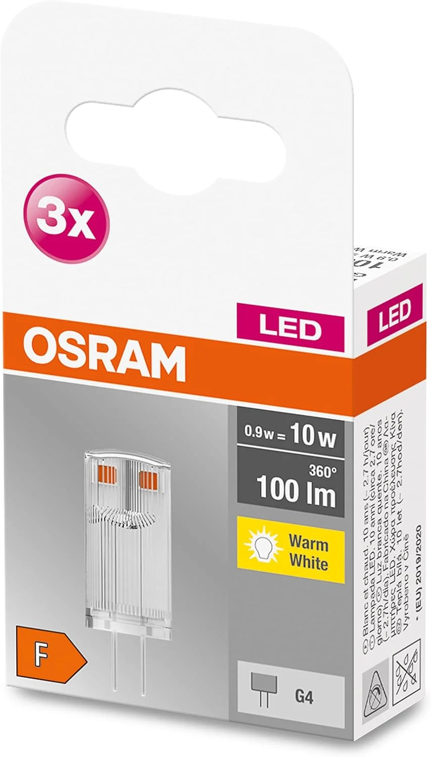 لامپ ال ای دی OSRAM BASE، لامپ پین با سوکت G4، توان 0.90 وات، جایگزین لامپ معمولی 10 وات، سفید گرم (2700K)، بسته 3 عددی لامپ ال ای دی OSRAM BASE، لامپ پین با سوکت G4، توان 0.90 وات، جایگزین لامپ معمولی 10 وات، سفید گرم (2700K)، بسته 3 عددی
