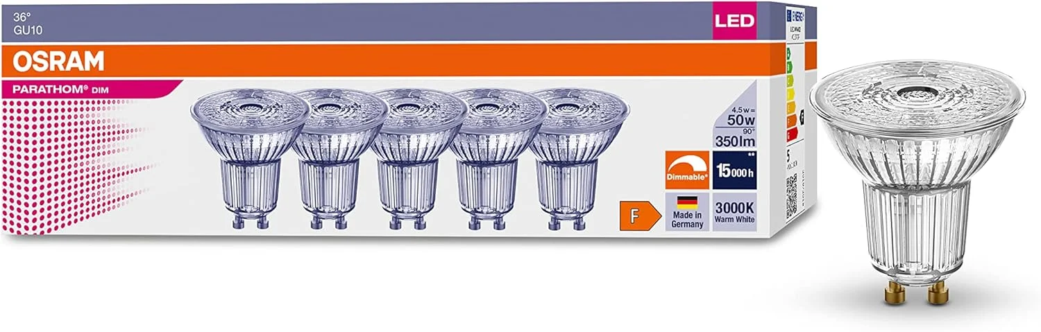 لامپ های ال ای دی رفلکتور دیمر پذیر Osram PAR16 با سوکت پلاگین Retrofit مدل PARATHOM® DIM PAR16 50 36° 4.5 W/3000 K GU10 بسته 5 عددی