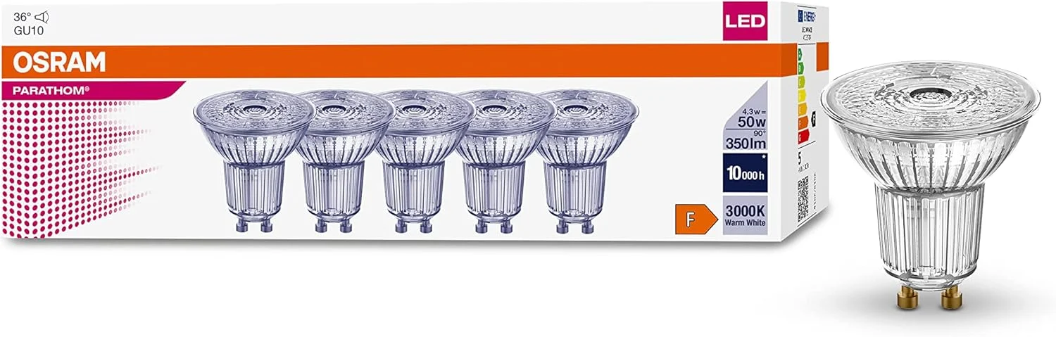 لامپ های ال ای دی رفلکتور Osram با پایه GU10 | صرفه جویی در انرژی، عمر طولانی 15000 ساعت، زاویه تابش 36 درجه، نور سفید گرم | PAR16 50 36° 4.3W/3000K GU10 در بسته 5 عددی