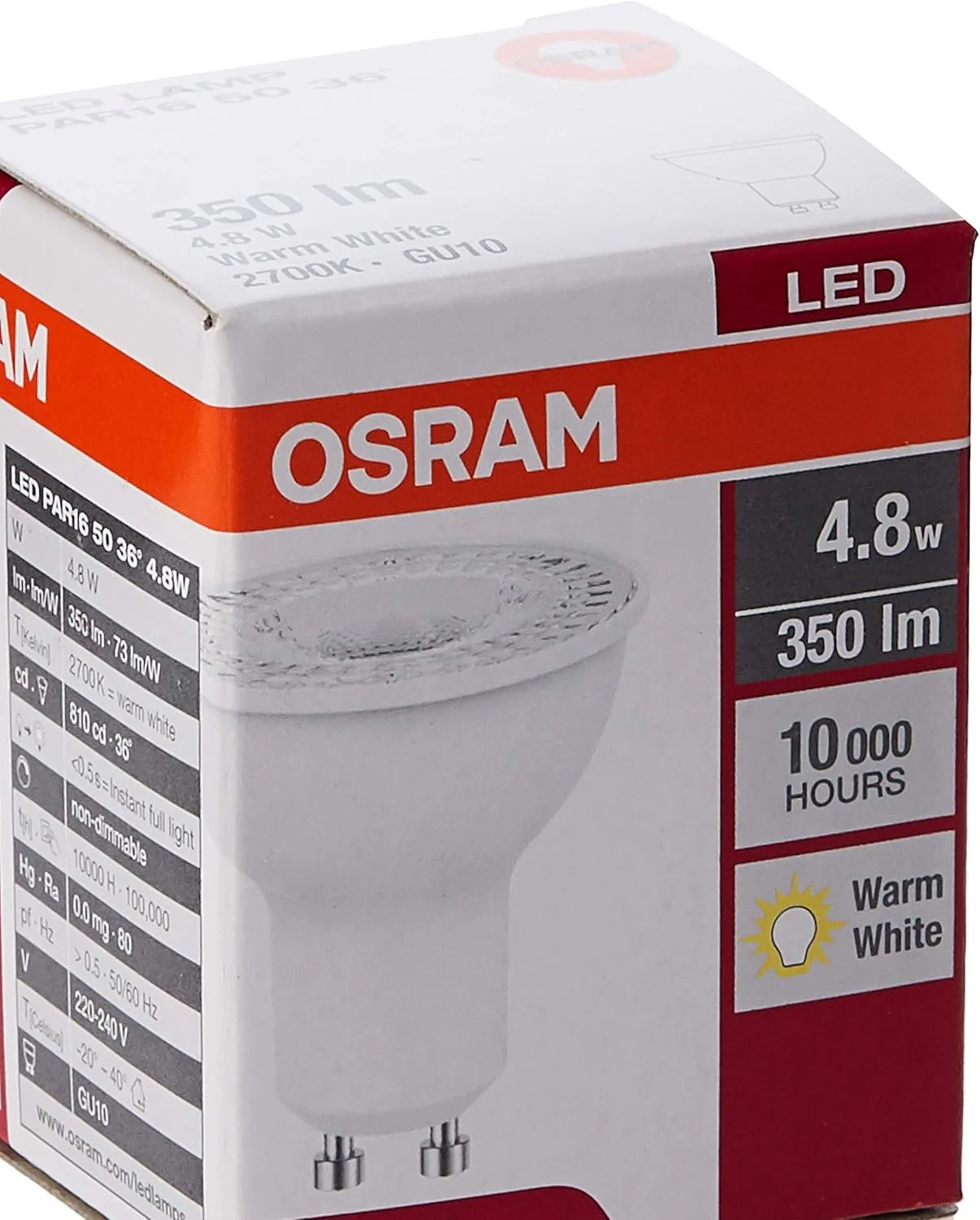 لامپ ال ای دی OsRAM مدل Par16 با زاویه 36 درجه، 4.8 وات، 350 لومن، 2700 کلوین - پایه Gu10، سفید گرم (بسته 10 عددی) لامپ ال ای دی OsRAM مدل Par16 با زاویه 36 درجه، 4.8 وات، 350 لومن، 2700 کلوین - پایه Gu10، سفید گرم (بسته 10 عددی)