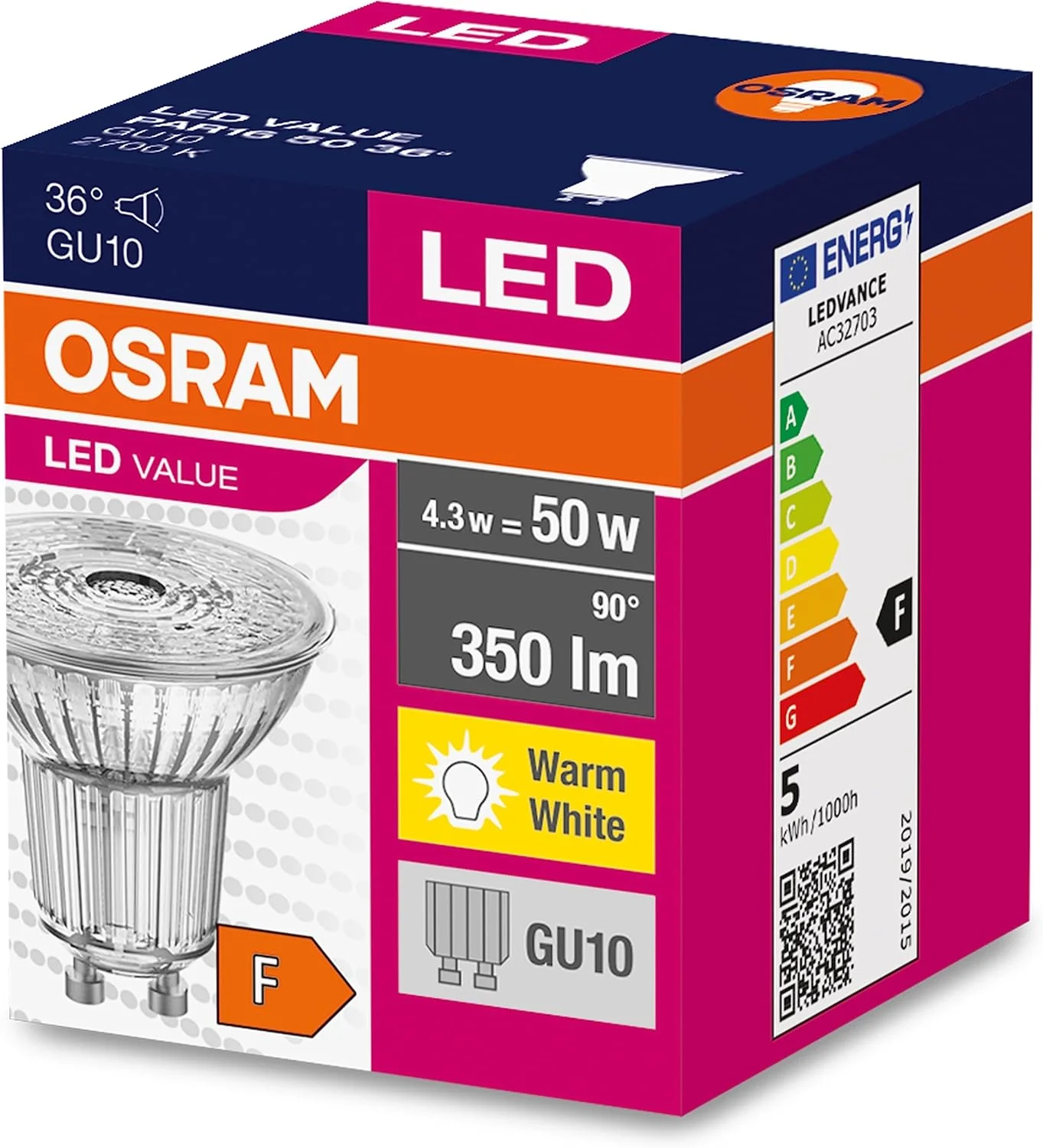 لامپ ال ای دی رفلکتوری استار Value PAR16 اوسرام با زاویه تابش 36 درجه، پایه GU10، توان 4.3 وات، نور سفید گرم (2700 کلوین)، بسته 10 عددی [کلاس انرژی F] (غیر قابل تنظیم نور)