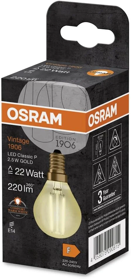 لامپ ال ای دی اسرام، پایه: E14، سفید گرم، 2400 کلوین، 2.50 وات، جایگزین لامپ رشته ای 22 وات، شفاف، LED Vintage 1906© [کلاس بهره وری انرژی A++]