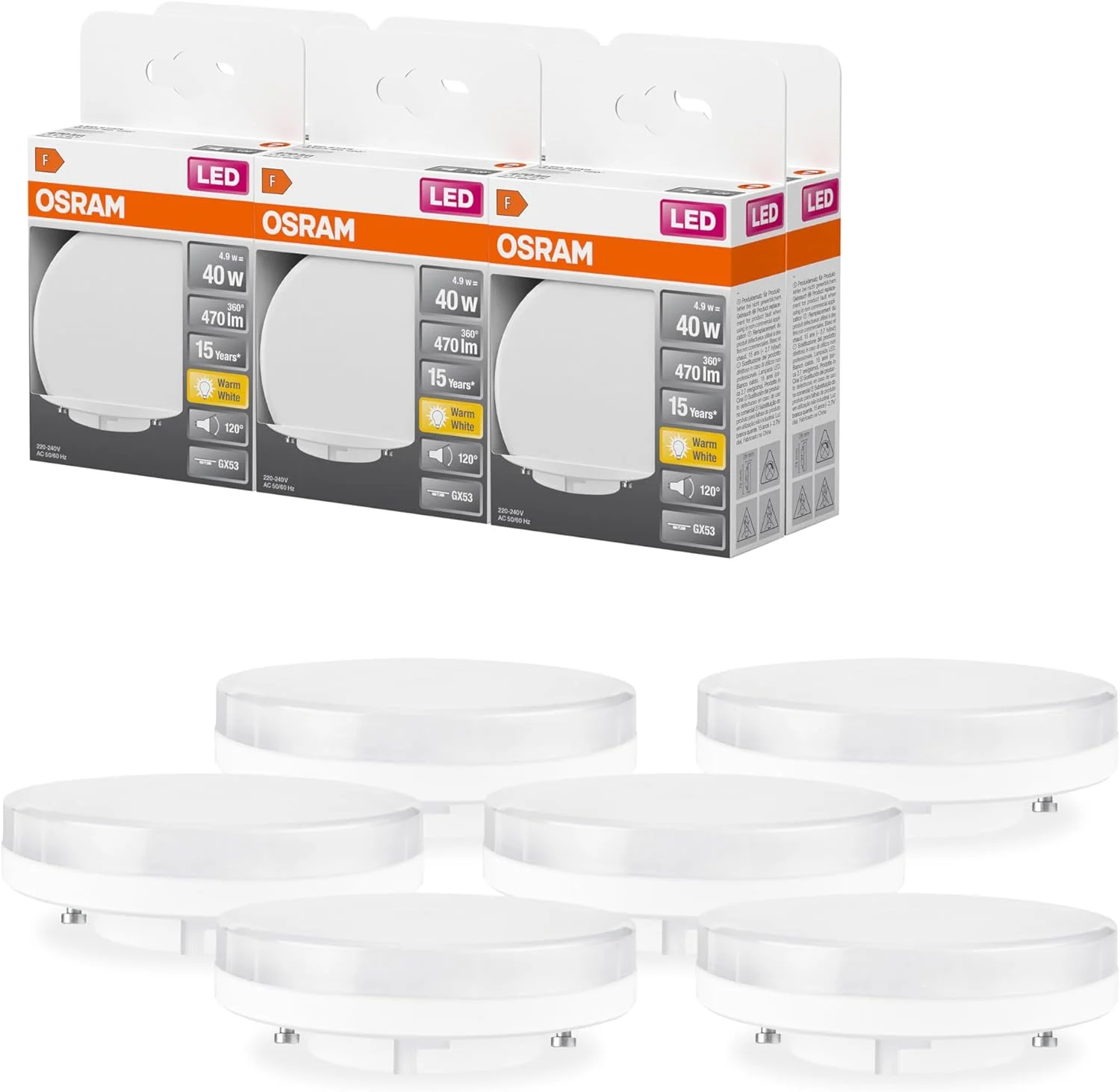 لامپ ال ای دی شیشه ای اسرام با پایه GX53، نور سفید گرم (2700K)، لامپ شیشه ای با زاویه تابش 100 درجه، 6 وات، جایگزین لامپ 40 وات، بسته 6 عددی