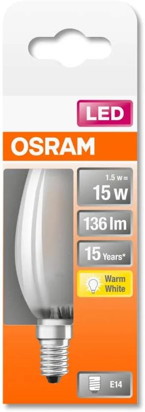 لامپ ال ای دی OSRAM | پایه: E14 | نور گرم سفید | 2700 کلوین | 1.50 وات | معادل 15 وات | شفاف | LED Retrofit CLASSIC B