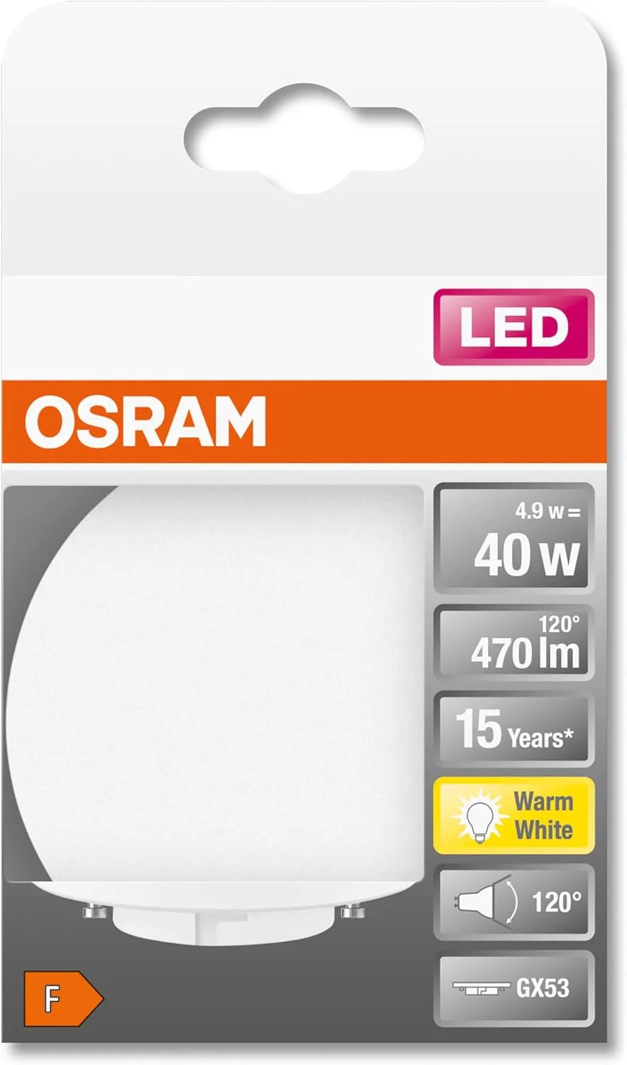 لامپ ال ای دی شیشه ای اسرام با پایه GX53، نور سفید گرم (2700K)، لامپ شیشه ای با زاویه تابش 100 درجه، 6 وات، جایگزین لامپ 40 وات، بسته 6 عددی