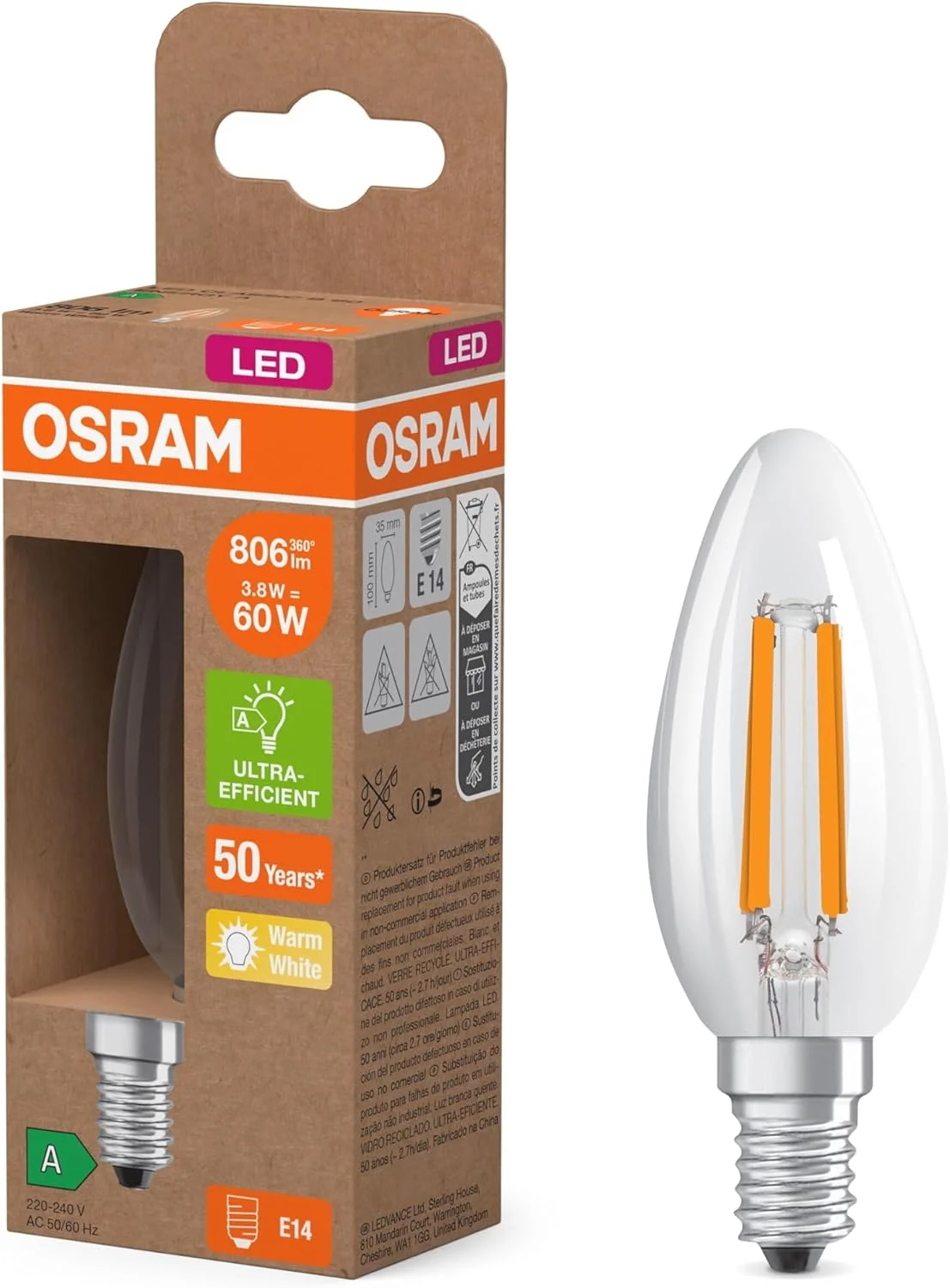 لامپ ال ای دی شمعی کوچک کلاسیک Osram، 3.8 وات / 806 لومن / رده انرژی A، سفید گرم (2700K)، CRI 80، شیشه شفاف بدون سرب، پایه E14، IP20، قطر 35 میلی متر