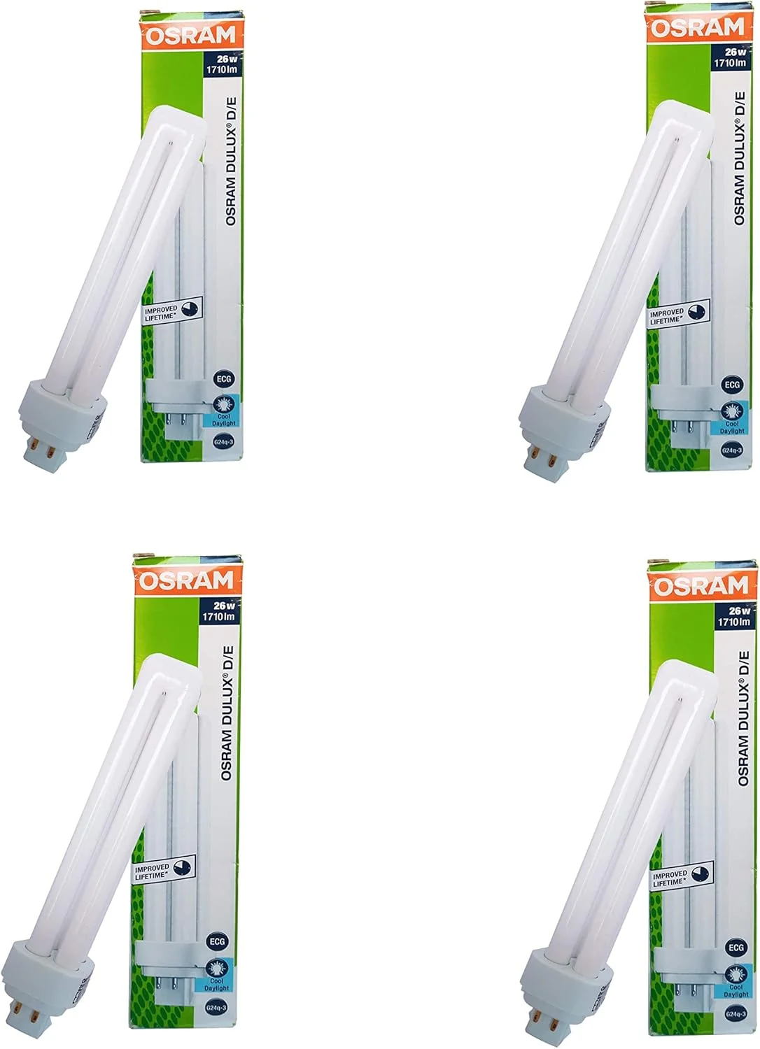 لامپ کم مصرف دوقلو اوسرام مدل Dulux D/E با پایه 4 پین G24q-3، توان 26 وات و 1710 لومن (نور روز خنک) بسته 4 عددی