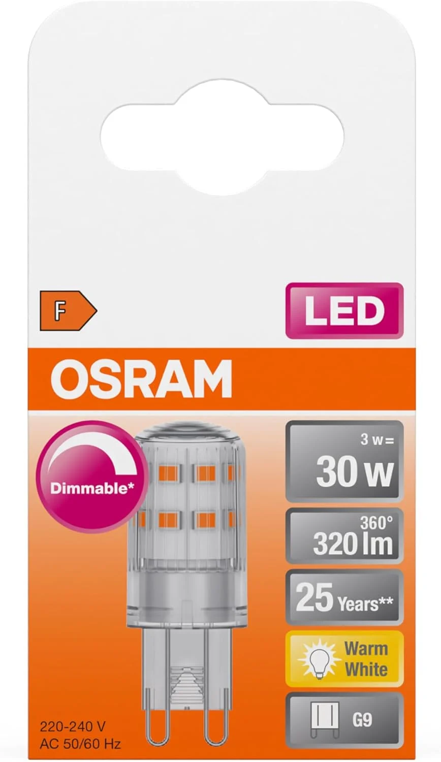 لامپ ال ای دی سوزنی دیمرپذیر OSRAM با پایه G9، نور سفید گرم (2700 کلوین)، 320 لومن، شیشه شفاف، بسته تکی، 1 عدد (بسته 1 عددی)، دیمرپذیر لامپ ال ای دی سوزنی دیمرپذیر OSRAM با پایه G9، نور سفید گرم (2700 کلوین)، 320 لومن، شیشه شفاف، بسته تکی، 1 عدد (بسته 1 عددی)، دیمرپذیر
