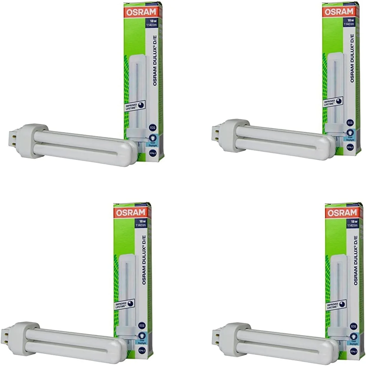 لامپ دو لوله ای دوقلو Osram Dulux D/E، پایه 4 پین G24q-2، لامپ CLF، 18 وات 1140 لومن 6500K (نور روز خنک) بسته 4 عددی