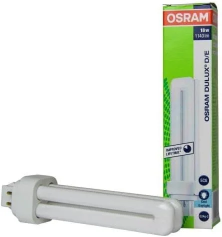 لامپ دو لوله ای دوقلو Osram Dulux D/E، پایه 4 پین G24q-2، لامپ CLF، 18 وات 1140 لومن 6500K (نور روز خنک) بسته 4 عددی لامپ دو لوله ای دوقلو Osram Dulux D/E، پایه 4 پین G24q-2، لامپ CLF، 18 وات 1140 لومن 6500K (نور روز خنک) بسته 4 عددی