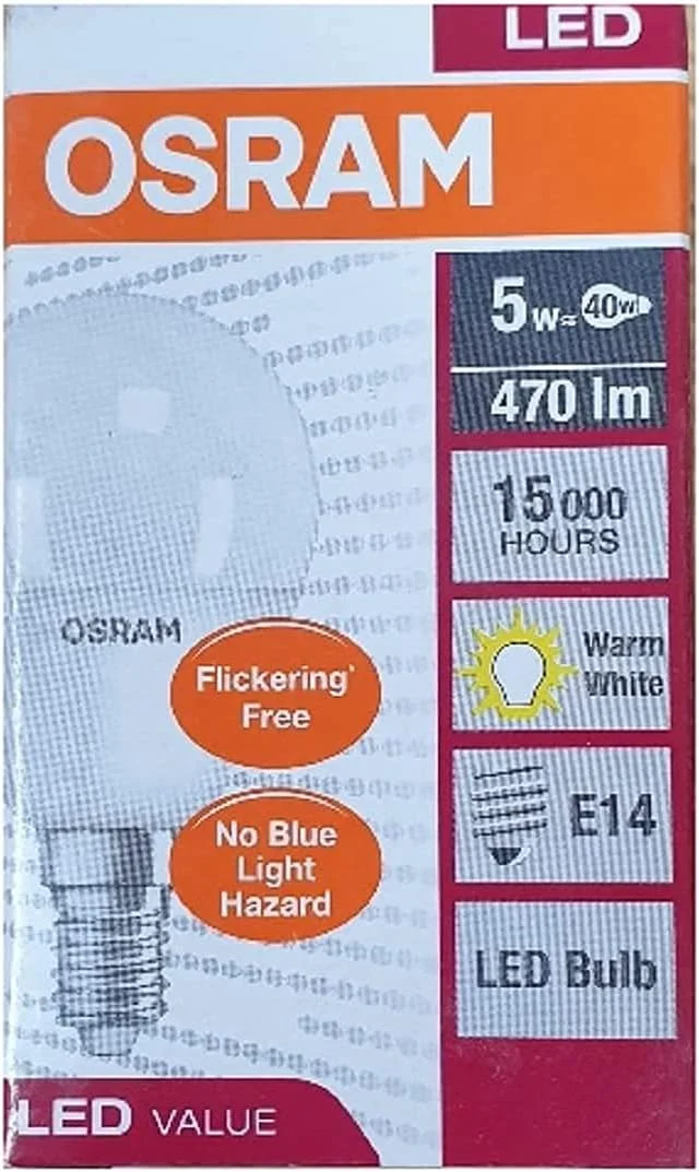لامپ ال ای دی Osram پایه E14 توان 5 وات مدل Classic P40 نور سفید گرم 470 لومن 2700 کلوین طول عمر بالا تا 15000 ساعت بسته 6 عددی لامپ ال ای دی Osram پایه E14 توان 5 وات مدل Classic P40 نور سفید گرم 470 لومن 2700 کلوین طول عمر بالا تا 15000 ساعت بسته 6 عددی