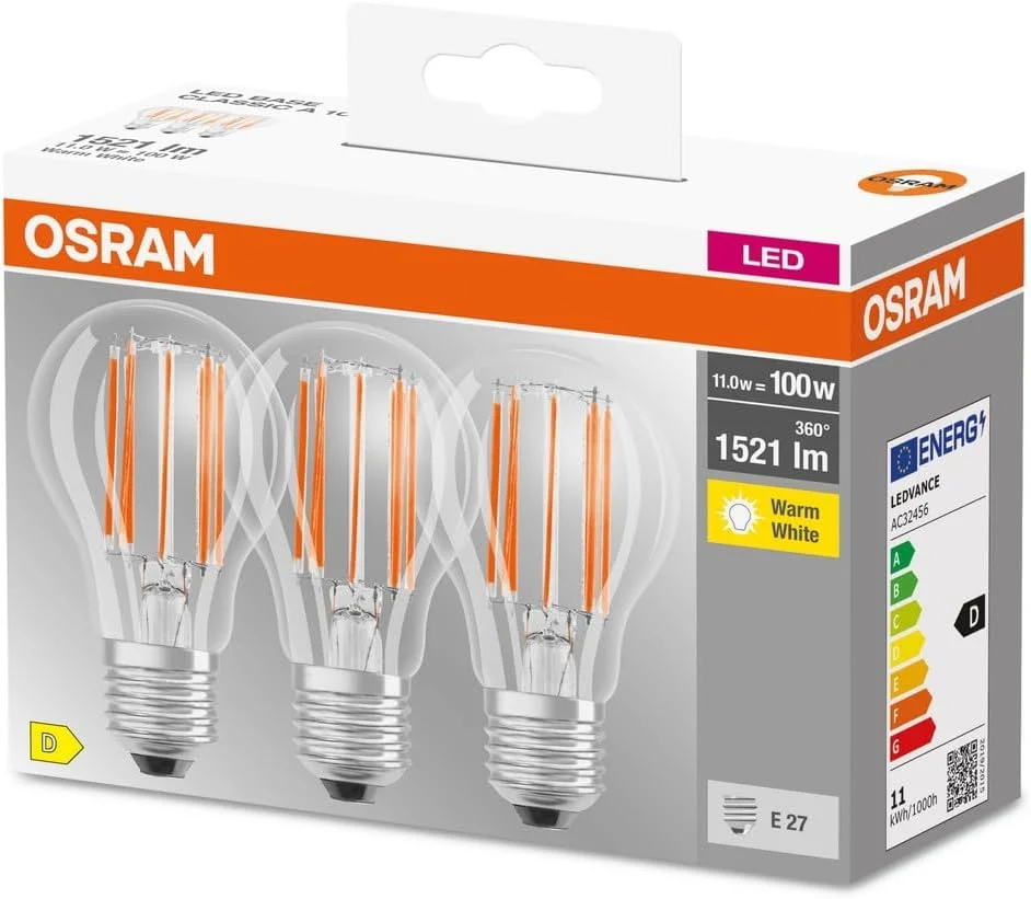 لامپ ال ای دی OSRAM مدل BASE Classic A100، لامپ های ال ای دی رشته ای شفاف ساخته شده از شیشه برای پایه E27، شکل حبابی، سفید گرم (2700K)، 1521 لومن، جایگزین لامپ های معمولی 100 وات، بسته 3 عددی