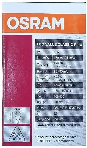 لامپ ال ای دی Osram پایه E14 توان 5 وات مدل Classic P40 نور سفید گرم 470 لومن 2700 کلوین طول عمر بالا تا 15000 ساعت بسته 6 عددی لامپ ال ای دی Osram پایه E14 توان 5 وات مدل Classic P40 نور سفید گرم 470 لومن 2700 کلوین طول عمر بالا تا 15000 ساعت بسته 6 عددی