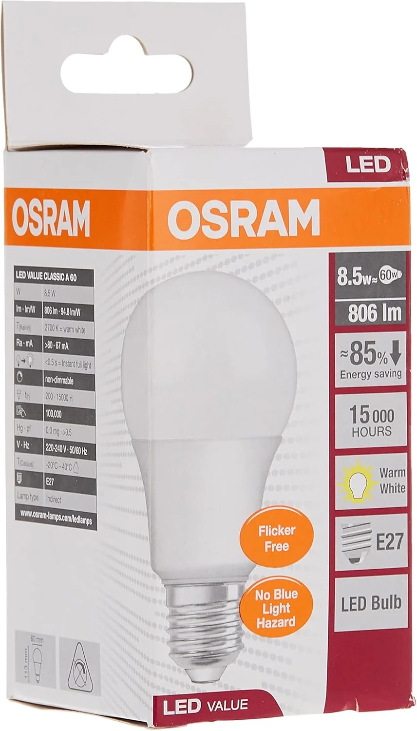 لامپ ال ای دی کلاسیک A 60 8.5 وات/E-27 سفید گرم مات 3 عددی Osram مدل OS-LED-CLA-8.5W-W-S-3P با کد 7459356123094، برند Osram (P)، مادون قرمز لامپ ال ای دی کلاسیک A 60 8.5 وات/E-27 سفید گرم مات 3 عددی Osram مدل OS-LED-CLA-8.5W-W-S-3P با کد 7459356123094، برند Osram (P)، مادون قرمز