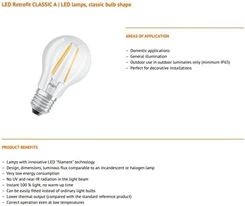 لامپ ال ای دی OSRAM مدل CLASSIC A با طراحی فیلامنتی، پایه: E27، توان 7 وات، شفاف، 2700 کلوین، نور سفید گرم، غیر قابل تنظیم نور (بسته 10 عددی) لامپ ال ای دی OSRAM مدل CLASSIC A با طراحی فیلامنتی، پایه: E27، توان 7 وات، شفاف، 2700 کلوین، نور سفید گرم، غیر قابل تنظیم نور (بسته 10 عددی)