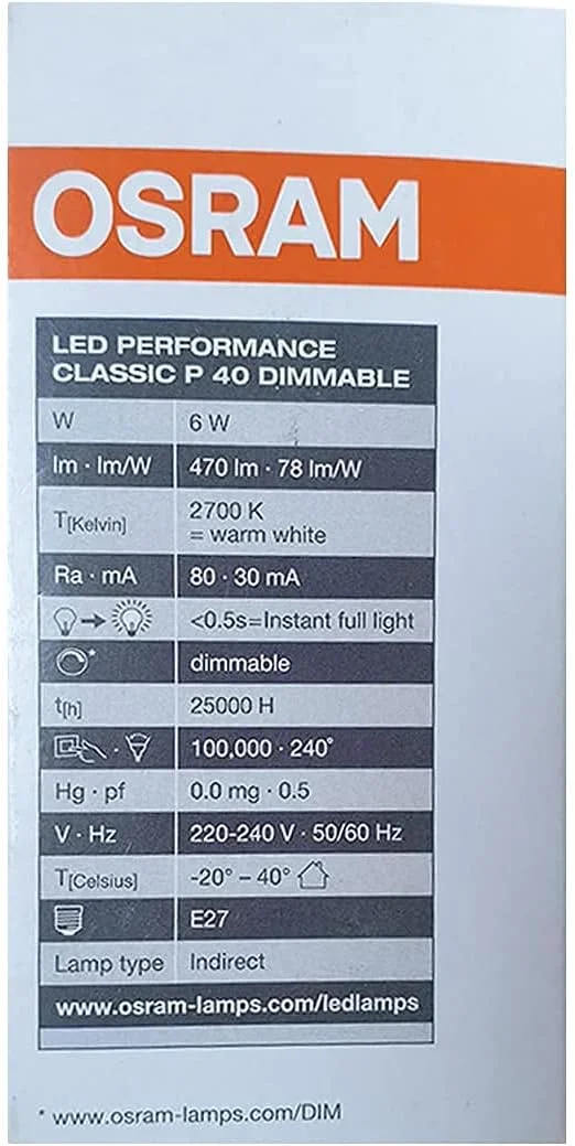 لامپ ال ای دی Osram مدل E27 کلاسیک P 6 وات دیمرپذیر 2700K نور سفید گرم - شفاف (بسته 10 عددی) لامپ ال ای دی Osram مدل E27 کلاسیک P 6 وات دیمرپذیر 2700K نور سفید گرم - شفاف (بسته 10 عددی)