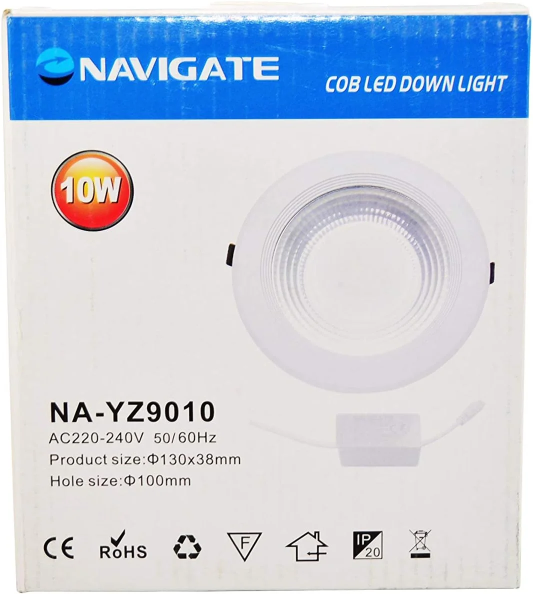 چراغ سقفی ال ای دی ناویگیت مدل NA-9010 با توان 10 وات، سایز 4 اینچ، ولتاژ 220V-240V، فرکانس 50/60 هرتز، رنگ سفید/سفید گرم (10 وات، سفید گرم 3000 کلوین)