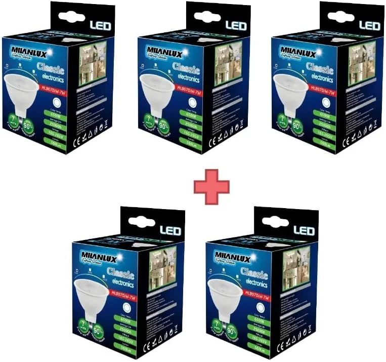 MILANLUX LED Bulb, Non-Dimmable, 560 Lumen, Day-Light White (6500), 7W = 45W, MR16, GU5.3 Base, BUY 3 GET 2 FREE