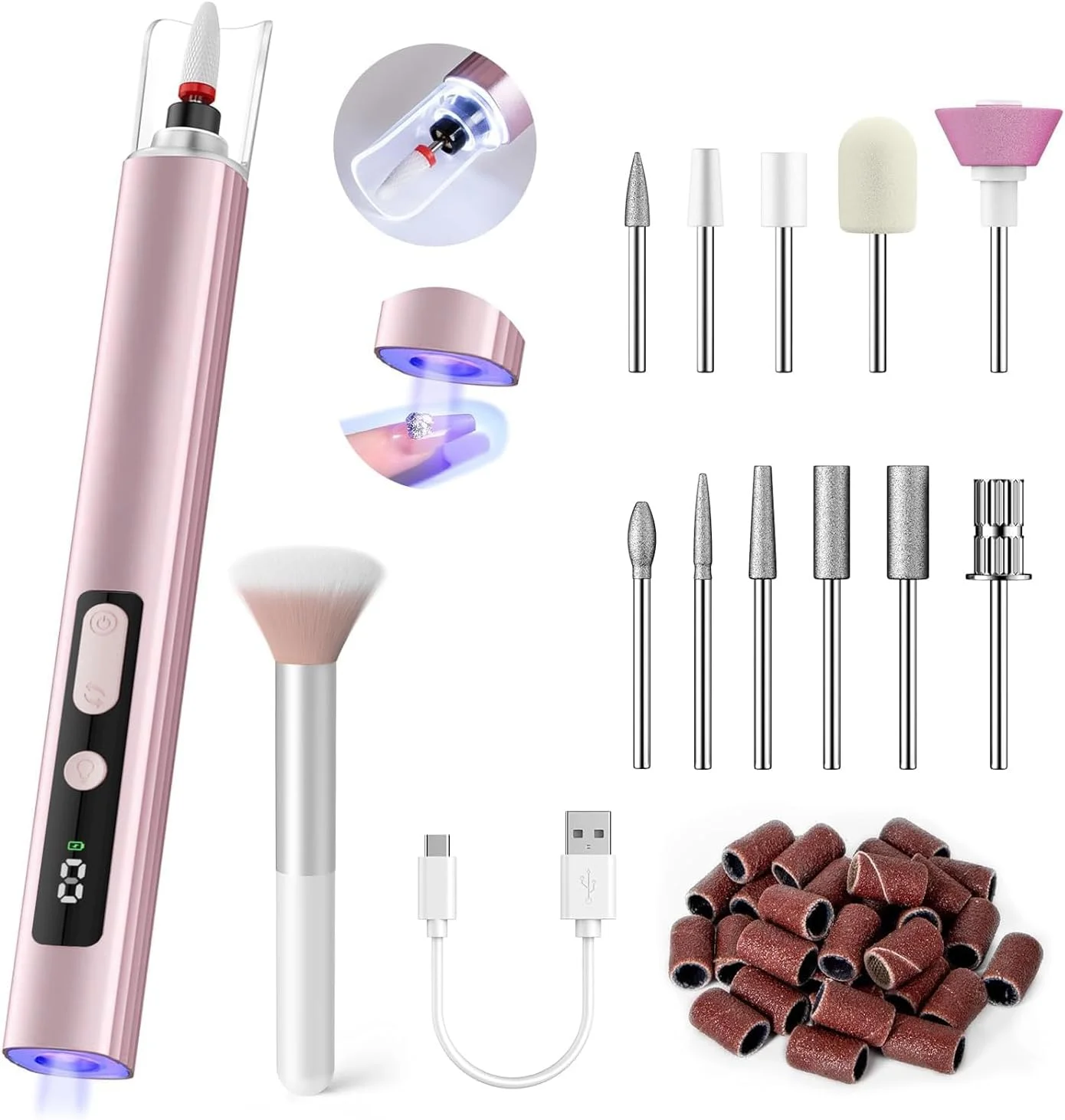 دستگاه سوهان برقی ناخن YOUWE7 بی سیم با لامپ UV ناخن، حرفه ای برای ناخن های پودری اکریلیک ژل، کیت دستگاه سوهان ناخن قابل حمل برای مانیکور پدیکور، ست ناخن شارژی (صورتی)