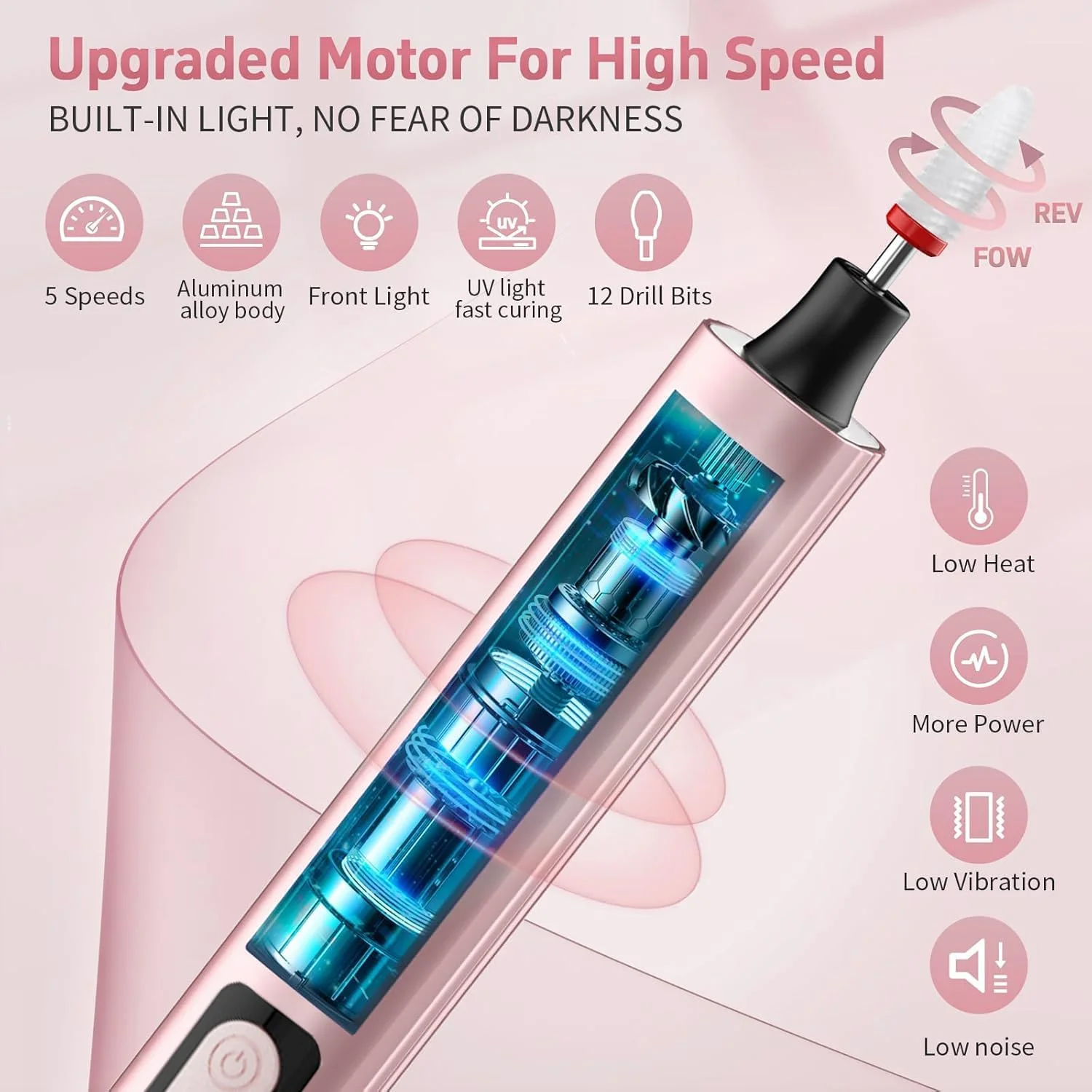 دستگاه سوهان برقی ناخن YOUWE7 بی سیم با لامپ UV ناخن، حرفه ای برای ناخن های پودری اکریلیک ژل، کیت دستگاه سوهان ناخن قابل حمل برای مانیکور پدیکور، ست ناخن شارژی (صورتی)