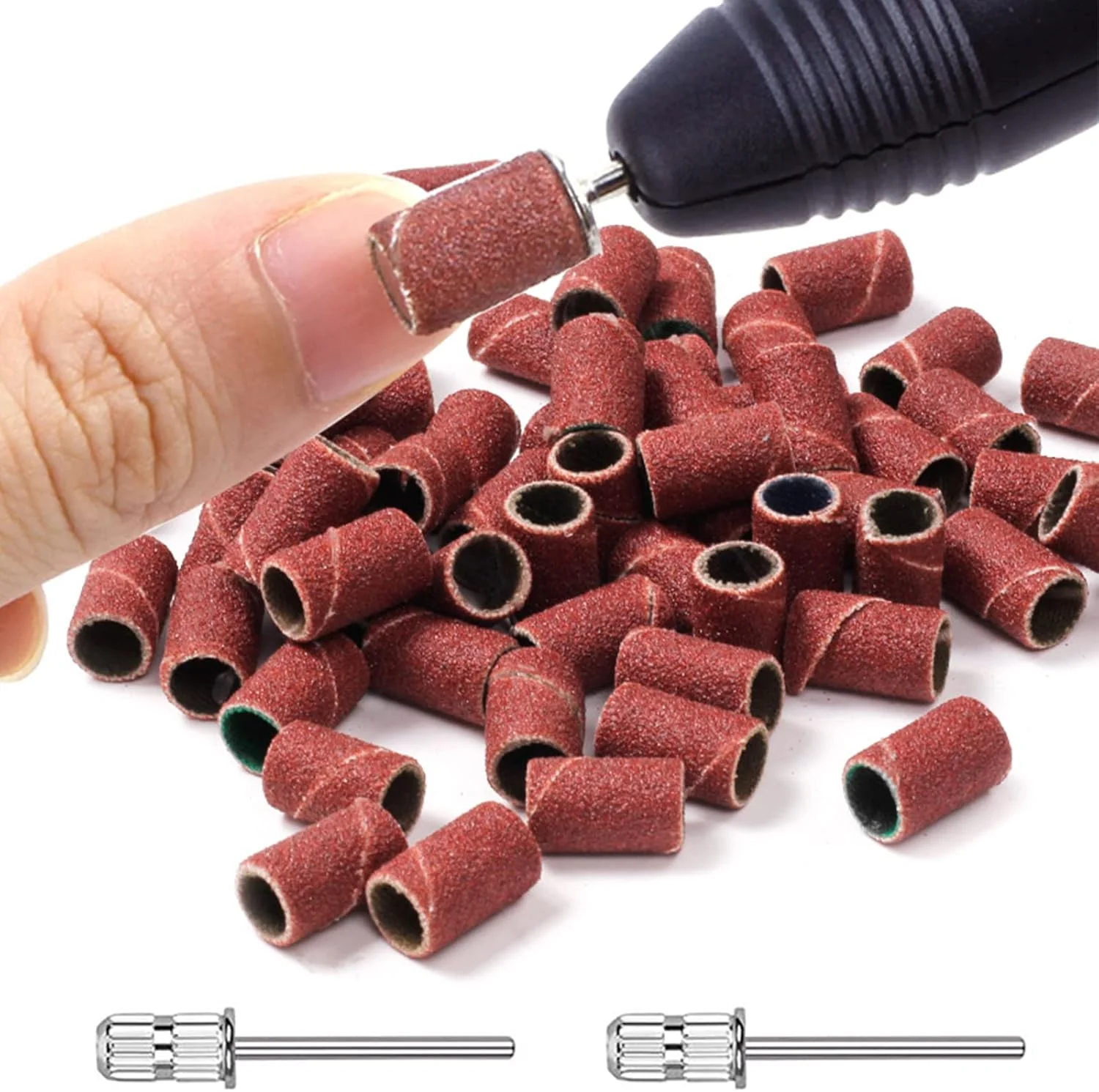 بسته 100 عددی نوارهای سمباده ناخن Yoezuo، نوارهای سمباده ای هنری ناخن، سمباده ناخن درجه 180 به همراه 2 عدد سری دریل ناخن برای دستگاه های دریل برقی ناخن، مانیکور و پدیکور