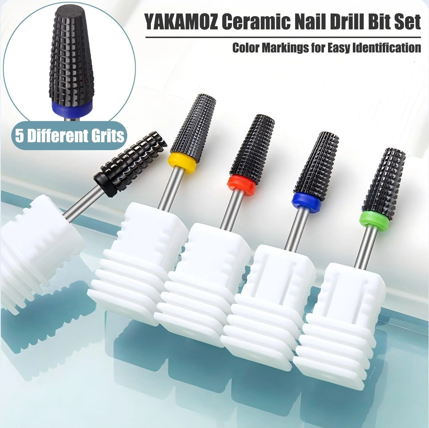 ست سر سوهان ناخن سرامیکی یاکاموز 5 عددی - سایز 3/32 اینچ، کیت سر سوهان برقی حرفه ای برای از بین بردن کوتیکول، مناسب برای ناخن های اکریلیک و ژل پلی، لوازم مانیکور سالن ناخن، چرخش دو طرفه