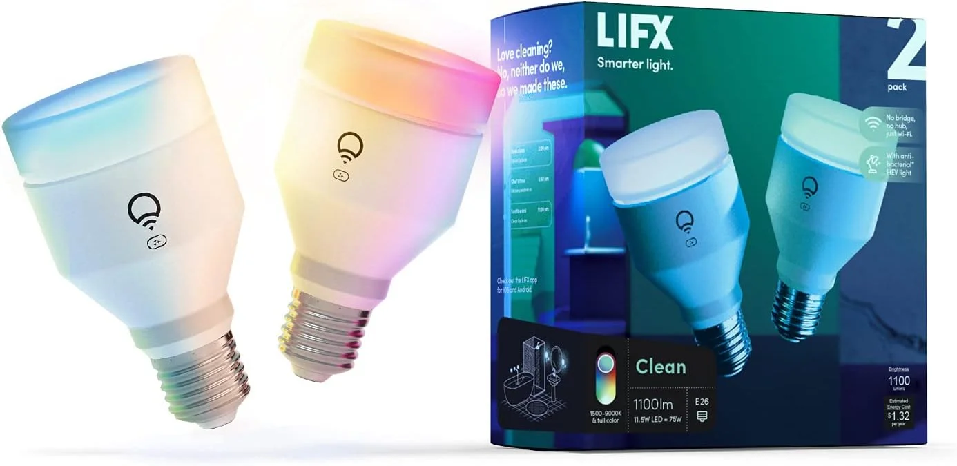 لامپ هوشمند ال ای دی LIFX Clean، A19، 1100 لومن، تمام رنگی با HEV ضد باکتری، Wi-Fi، بدون نیاز به پل، سازگار با الکسا، گوگل، هوم کیت و سیری (بسته 2 عددی)