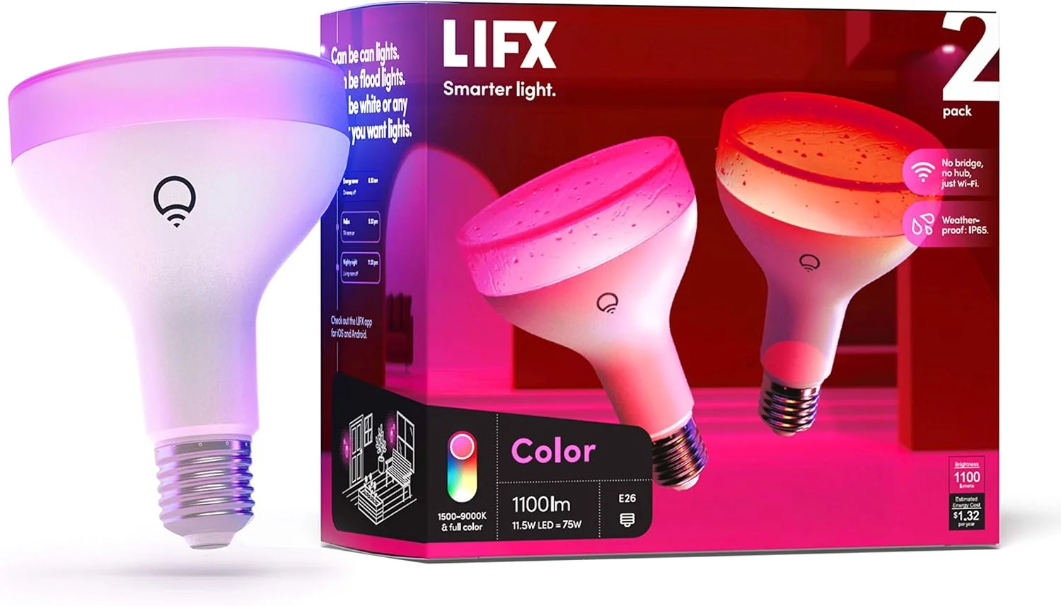 لامپ هوشمند ال ای دی رنگی LIFX، مدل BR30 با روشنایی 1100 لومن، پایه E26، وای فای 2.4 گیگاهرتز، میلیاردها رنگ و سفید، بدون نیاز به هاب، سازگار با الکسا، گوگل، هوم کیت و سیری، چند رنگ (بسته 2 عددی)