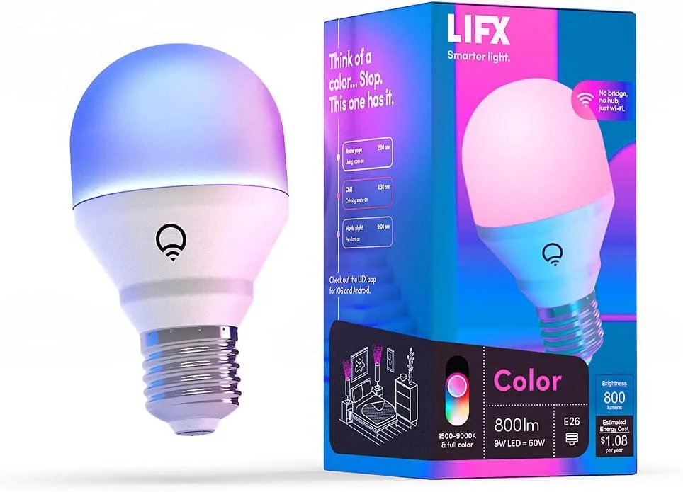 لامپ هوشمند ال ای دی LIFX Color A19 با 800 لومن، میلیاردها رنگ و سفید، بدون نیاز به پل، کار با الکسا، گوگل و HomeKit و Siri