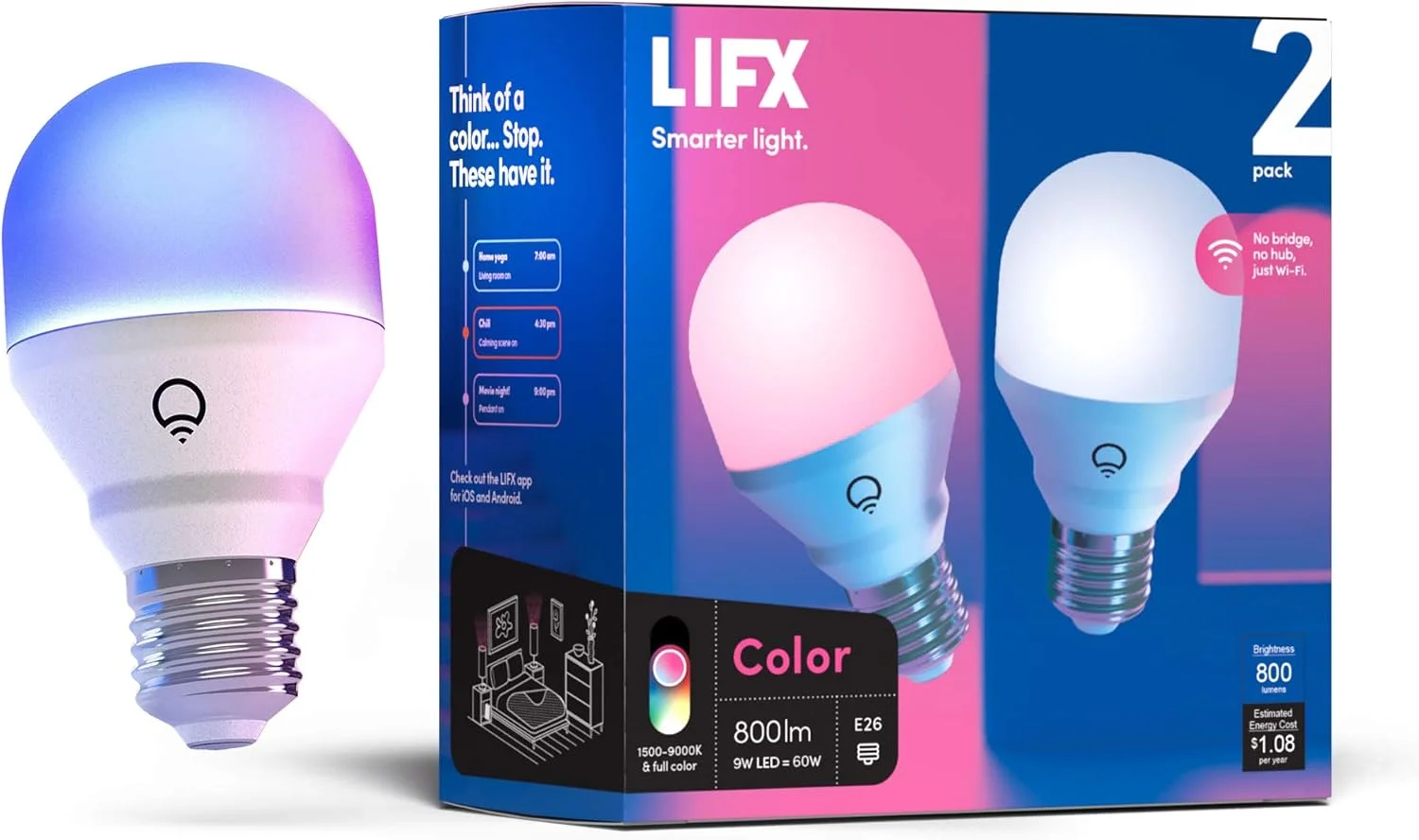 لامپ هوشمند LED وای فای LIFX Color A19 با 800 لومن، میلیاردها رنگ و سفید، بدون نیاز به هاب، سازگار با الکسا، گوگل، هوم کیت و سیری (بسته 2 عددی)