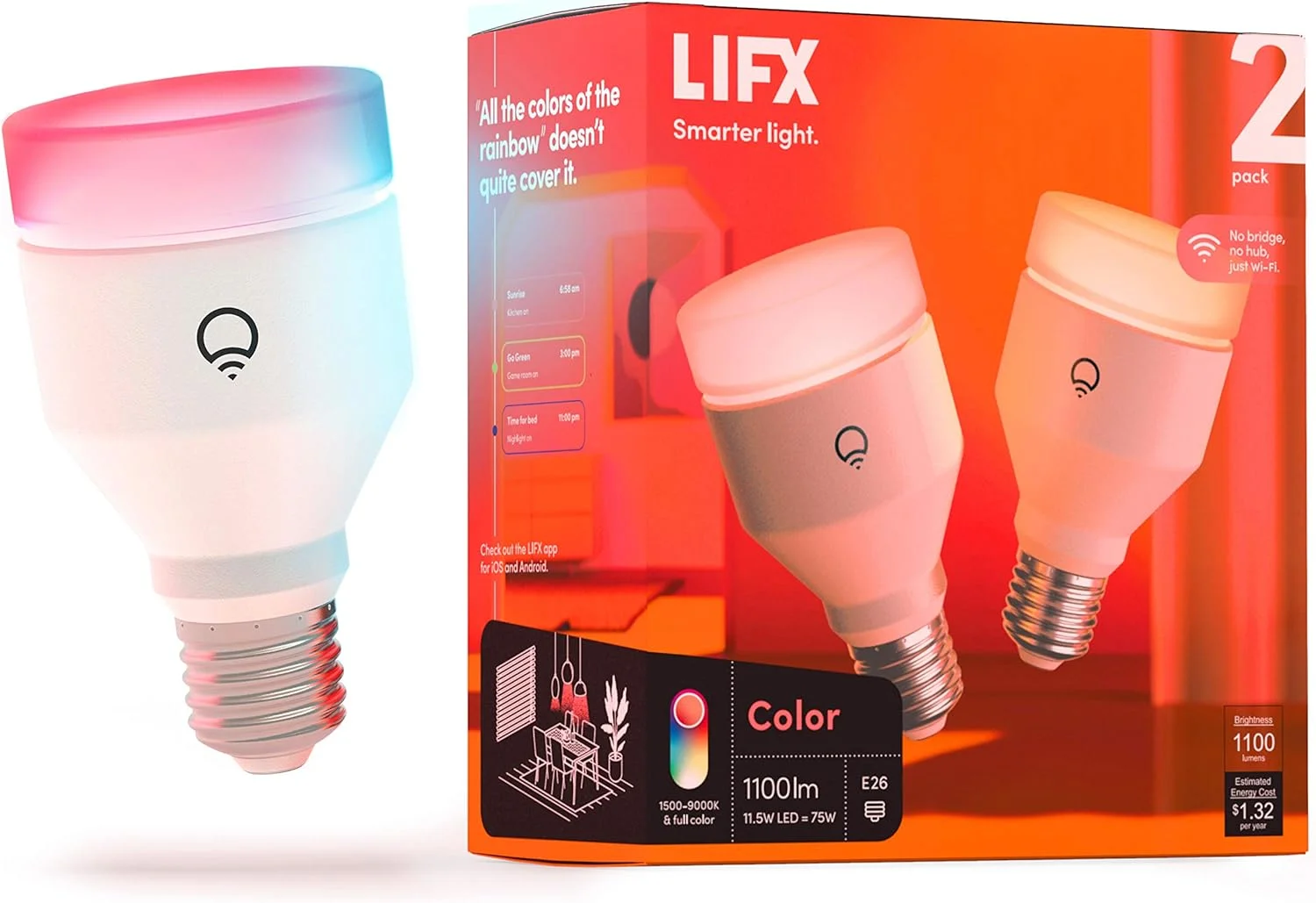 لامپ هوشمند ال ای دی وای فای Lifx Color، A19 1100 لومن، میلیاردها رنگ و سفید، بدون نیاز به پل، کار با الکسا، گوگل، هوم کیت و سیری، چند رنگ (2 عدد)
